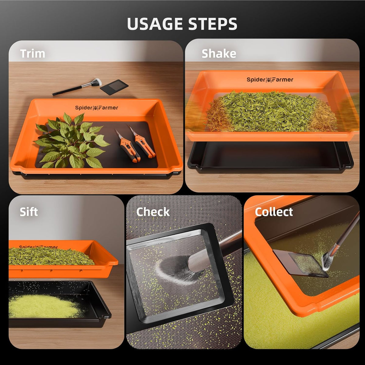 Spider Farmer Trim Tray Kit with Trimming Tray, 150 Micron Precision Screen, Bottom Harvest Bin, Scissors, Brush & Magnifying Card – Collect Pollen and Fine Plant Material