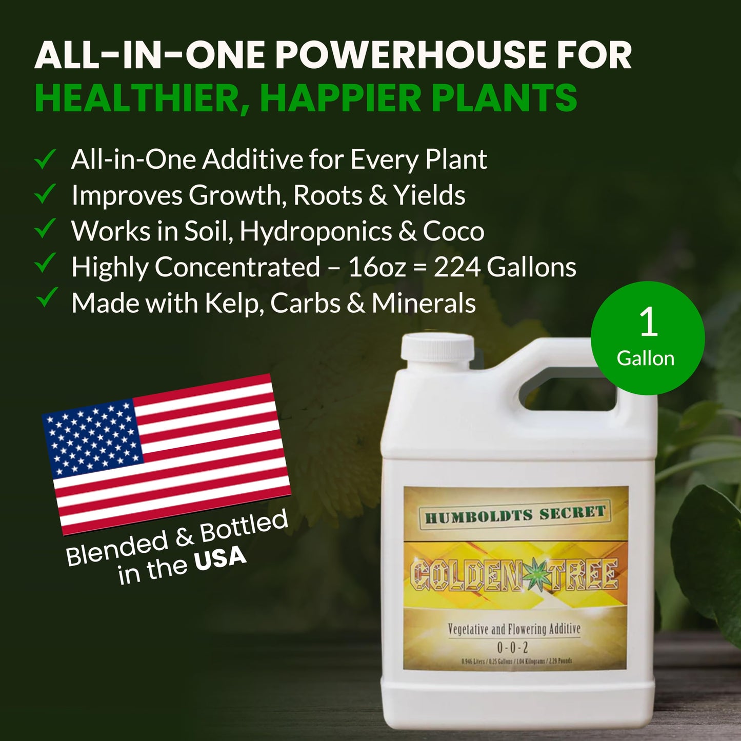 Humboldts Secret Golden Tree Liquid Plant Food | Enhances Growth Indoors or Outdoors | All-in-One Plant Nutrients for Vegetables, Trees, Flowers, Fruits, Roses, Lawns, Tomatoes | 16 Ounce