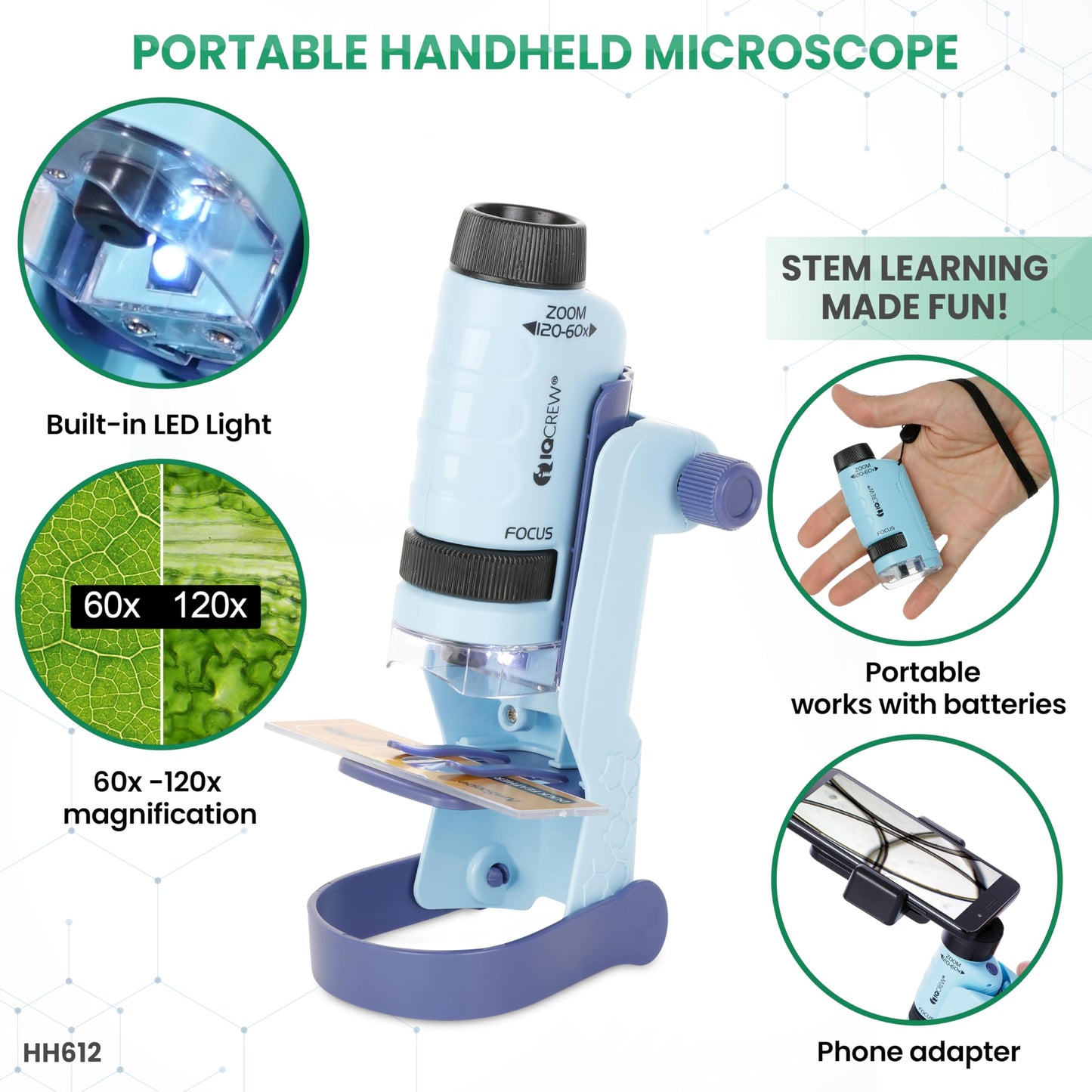 AmScope 120X-1200X 52-pcs Beginner Microscope STEM Kit with Metal Body Microscope, Plastic Slides, LED Light and Carrying Box (M30-ABS-KT2-W),White