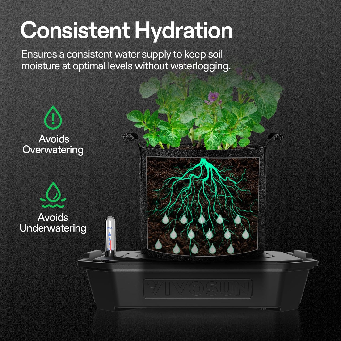 VIVOSUN 4-Pack FlexFeed Self-Watering Pots, Auto Irrigation Fabric Pot Base with Water Meter & Maintenance Window, for Use Indoors/Outdoors in Grow Tents, Greenhouses, Gardens