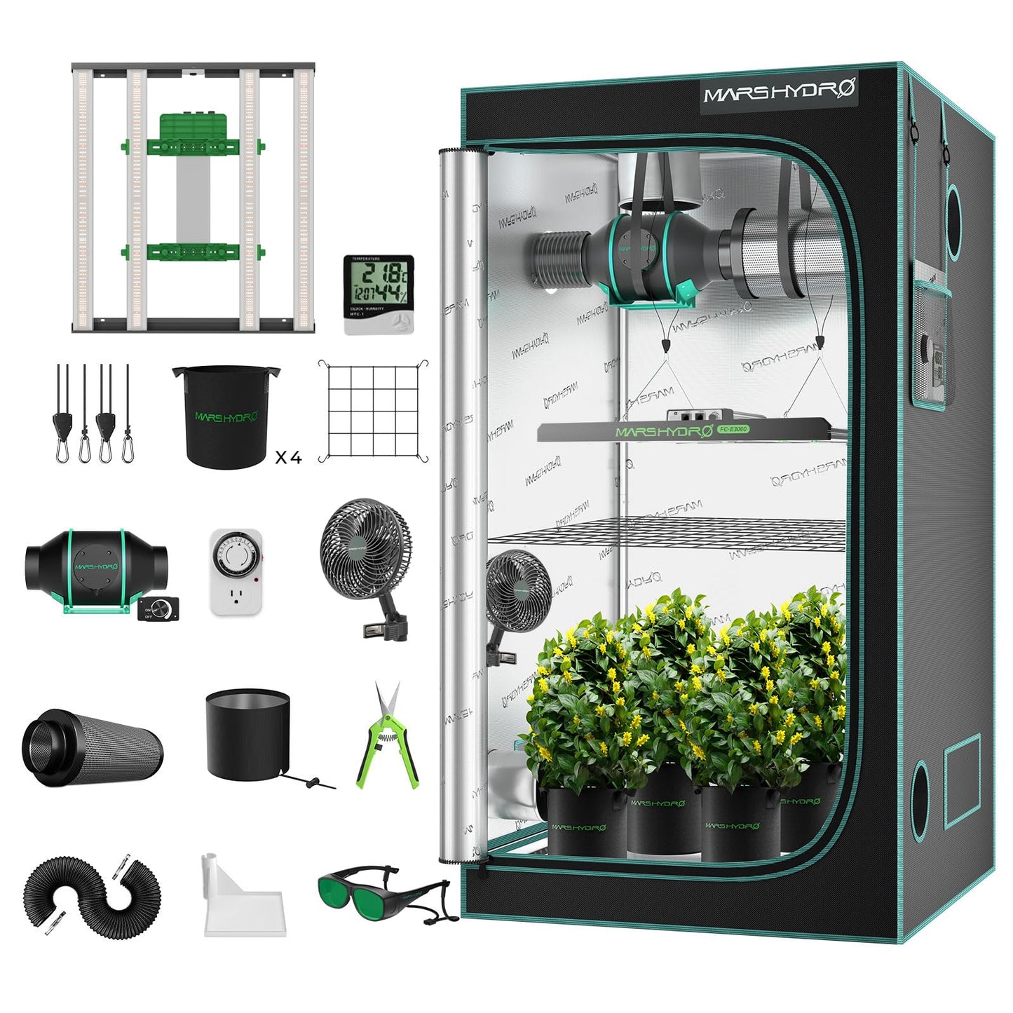 MARS HYDRO 4x4 Smart Grow Tent Kit Complete System,480W FC-E4800 APP WIFI Control Light 2646pcs LED,1680D High Reflective Mylar,with 6inch 32dB,402CFM Adjustable Ventilation Kit,10 Speed Grow Tent Fan