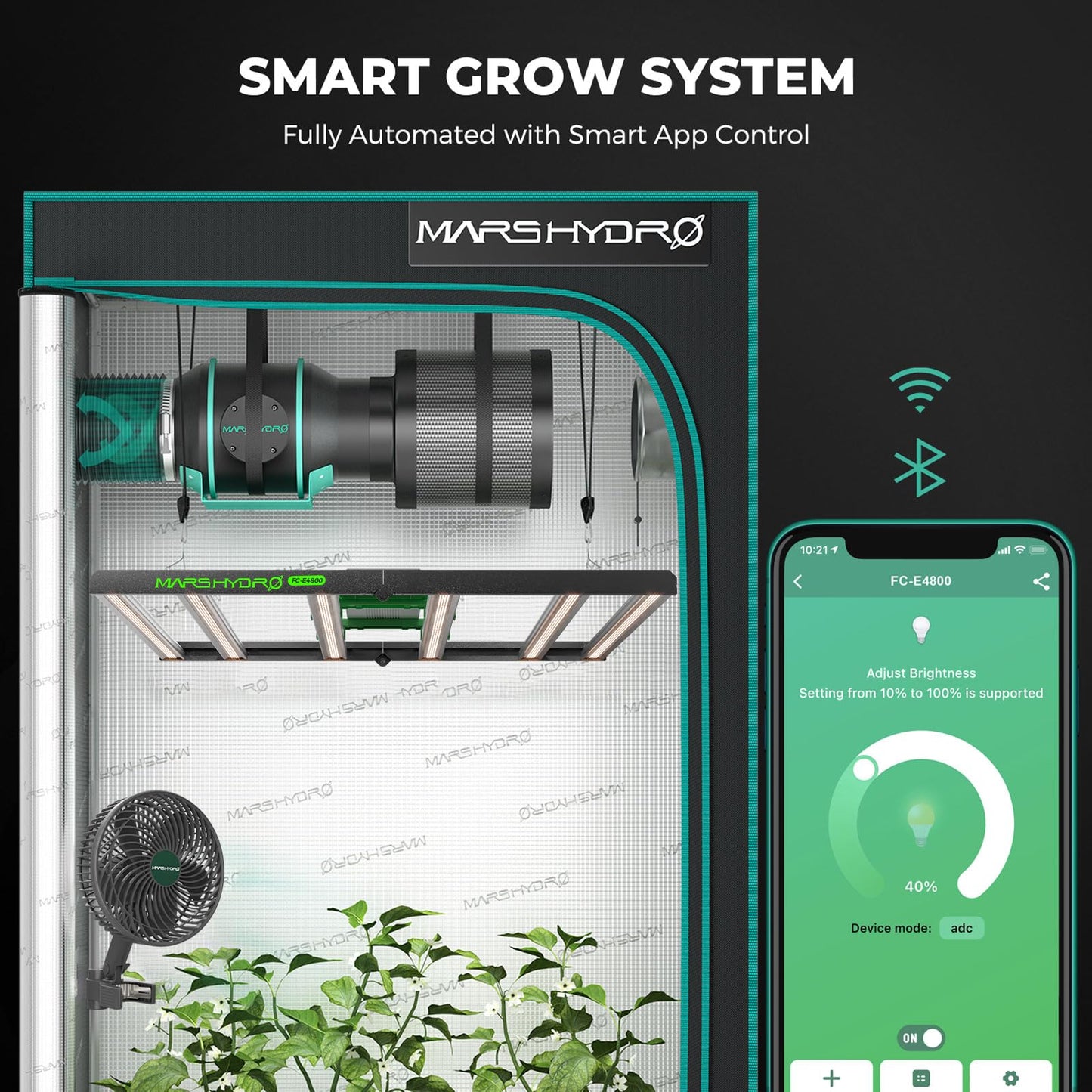 MARS HYDRO 4x4 Smart Grow Tent Kit Complete System,480W FC-E4800 APP WIFI Control Light 2646pcs LED,1680D High Reflective Mylar,with 6inch 32dB,402CFM Adjustable Ventilation Kit,10 Speed Grow Tent Fan