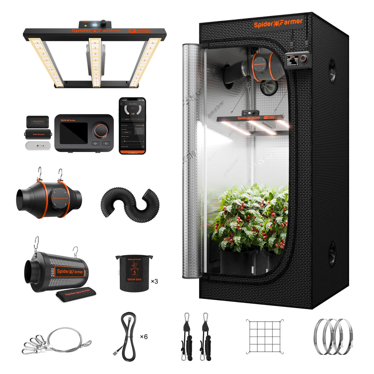 Spider Farmer 3x3x6ft G3000 Complete Grow Tent Kit with GGS AC5 Power Strip