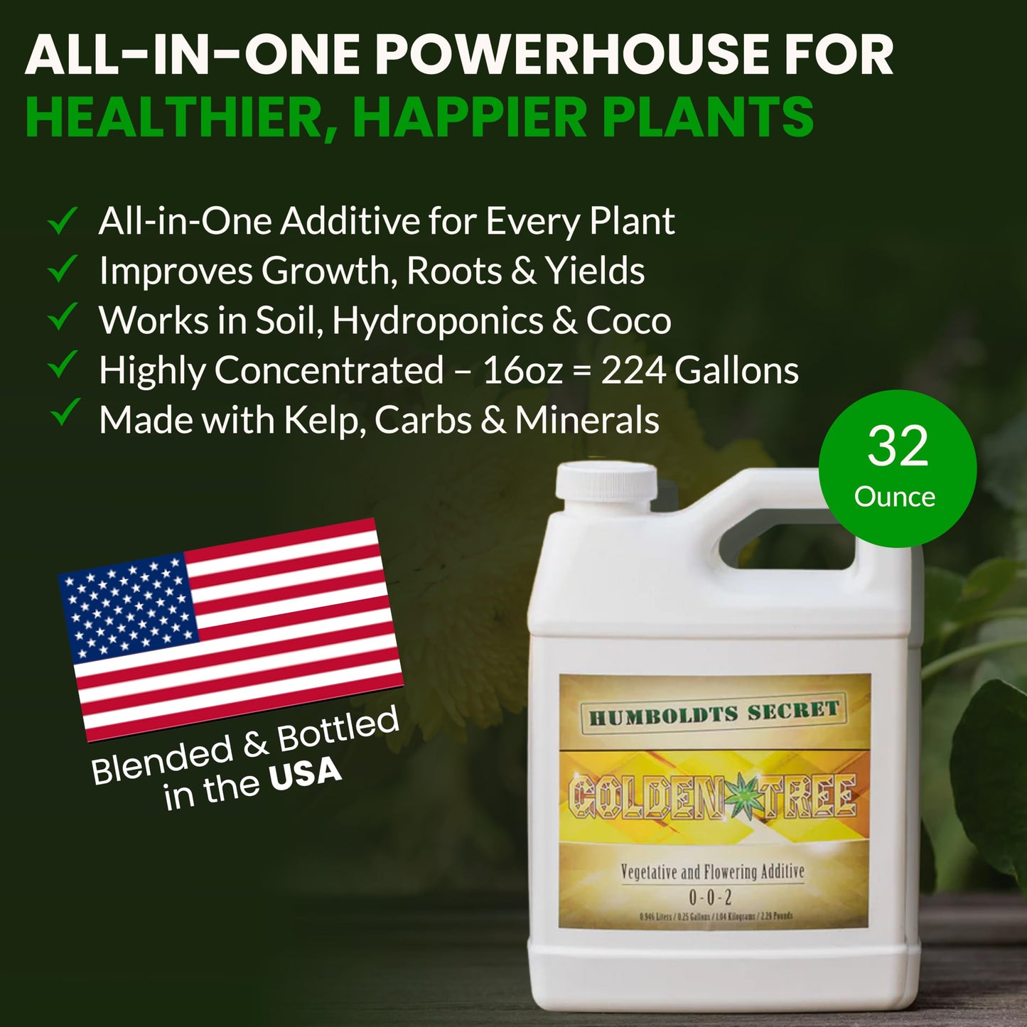 Humboldts Secret Golden Tree Liquid Plant Food | Enhances Growth Indoors or Outdoors | All-in-One Plant Nutrients for Vegetables, Trees, Flowers, Fruits, Roses, Lawns, Tomatoes | 16 Ounce