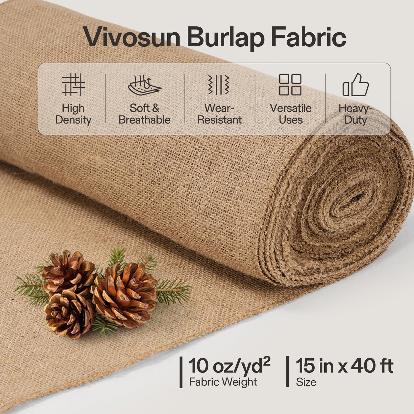 VIVOSUN 40 in x 13 ft Burlap Fabric, High Density Natural Jute Fiber, Multipurpose Burlap for Gardening, Outdoor Plant Care, Weed Barrier, DIY Crafts, and Decoration