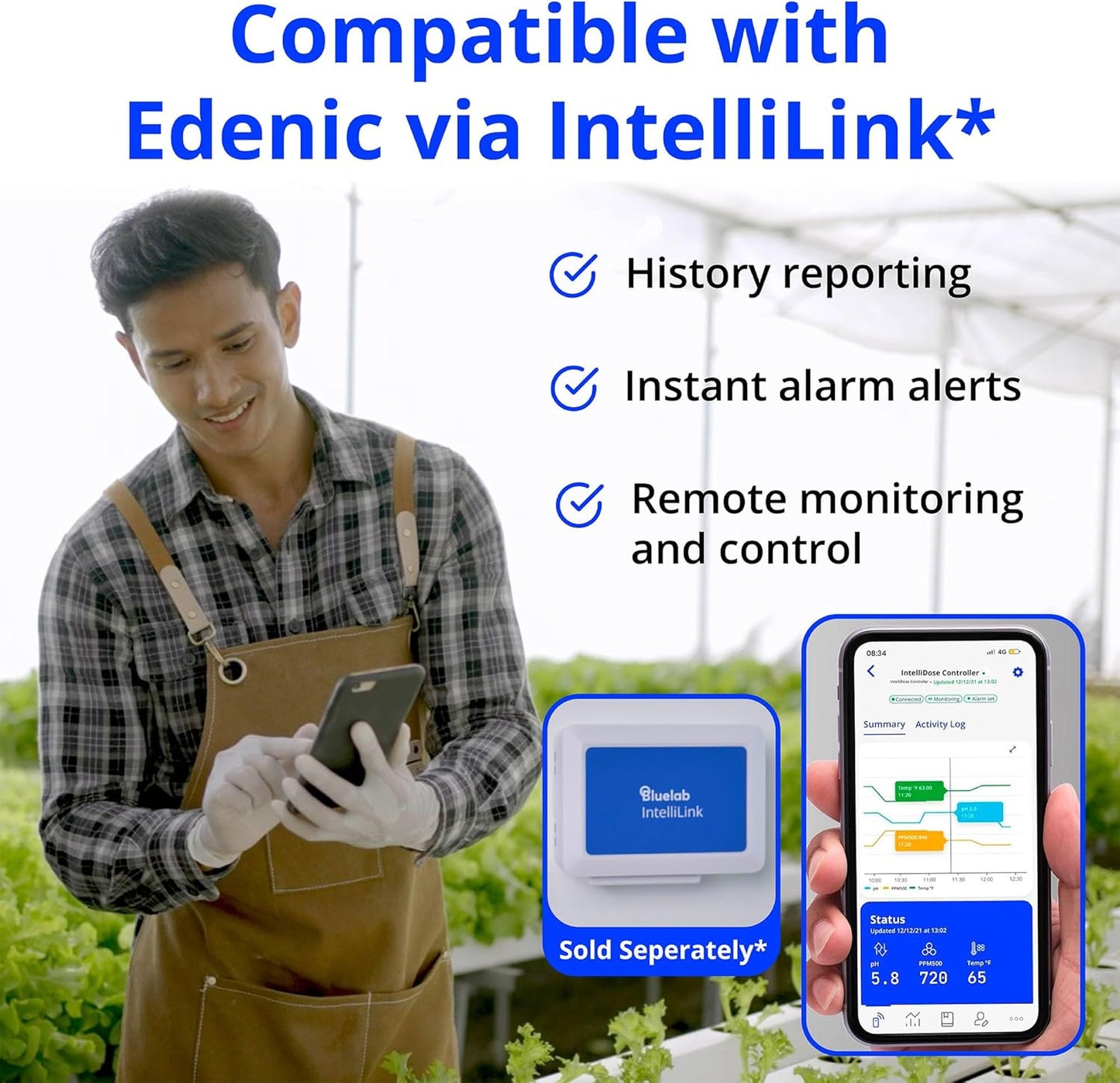 Bluelab IntelliDose Controller Kit Automated 24/7 Reservoir pH, EC, Temp Control with Wi-Fi, Multi-Nutrient Dosing, Replaceable Probes, Edenic Integration Advanced Hydroponic System Management