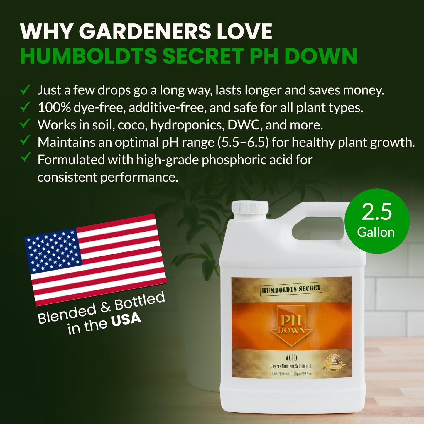 Humboldts Secret pH Down for Plants | Liquid pH Adjuster and Balancer for Soil Coco Hydroponics | Concentrated Phosphoric Acid Solution Supporting Nutrient Uptake and Strong Growth | 32 Ounce