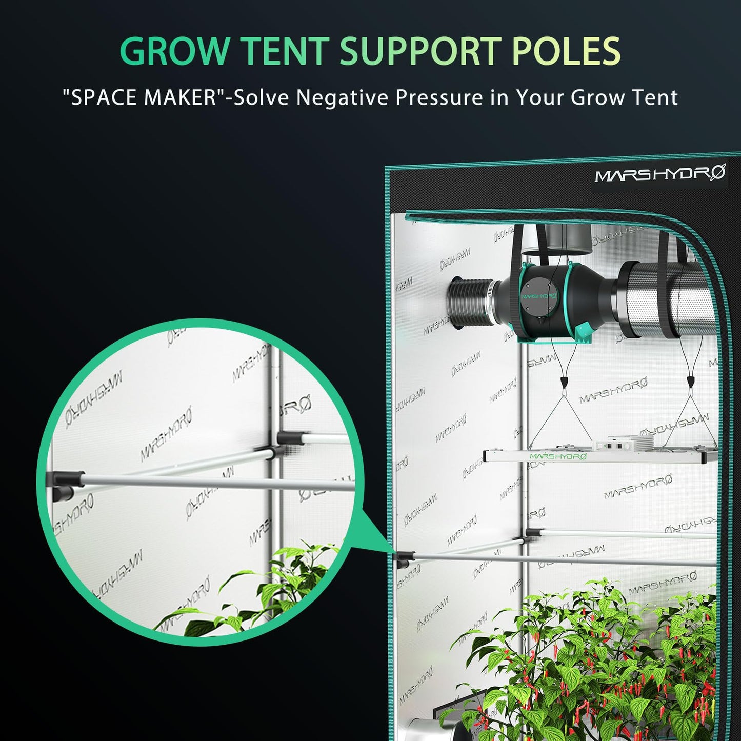MARS HYDRO Grow Tent Durable Side Support Pole，Sturdy Metal Replaceable Bracket Accessories，High CFM Kit for 5x5 Indoor Tents