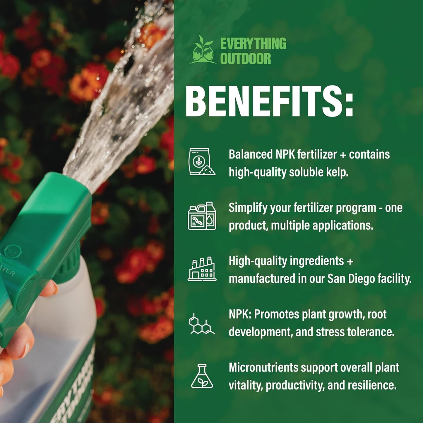 Humboldts Secret Everything Outdoor Plant Food - 5-5-5 Liquid Fertilizer with Kelp - All Purpose Fertilizer (1 Gal) w/ 2-Pack 100:1 Garden Hose End Sprayer | Multipurpose Reusable Bottles (32oz)