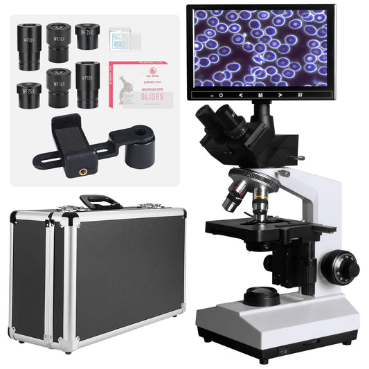 [Darkfield Microorganism Model] Vabiooth Lab Darkfield & Brightfield Trinocular Compound Microscope 40X-2500X Magnification with 7" Monitor 5MP E-Eyepiece, Adjustable Mechanical Stage, LED Source
