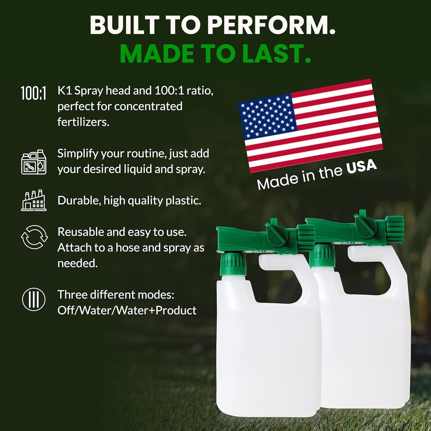 Humboldts Secret 2-Pack Garden Hose End Sprayer | Multipurpose Lawn Attachment with 100 to 1 Mixing Ratio | Garden Sprayer for Lawn Care, Fertilizing, Car Wash & Outdoor Use | 32 ounce