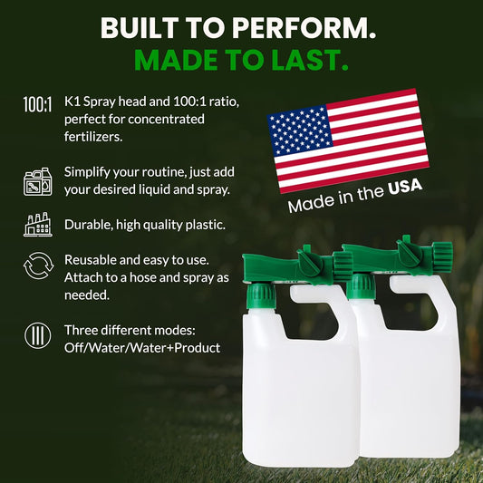 Humboldts Secret 2-Pack Garden Hose End Sprayer | Multipurpose Lawn Attachment with 100 to 1 Mixing Ratio | Garden Sprayer for Lawn Care, Fertilizing, Car Wash & Outdoor Use | 32 ounce