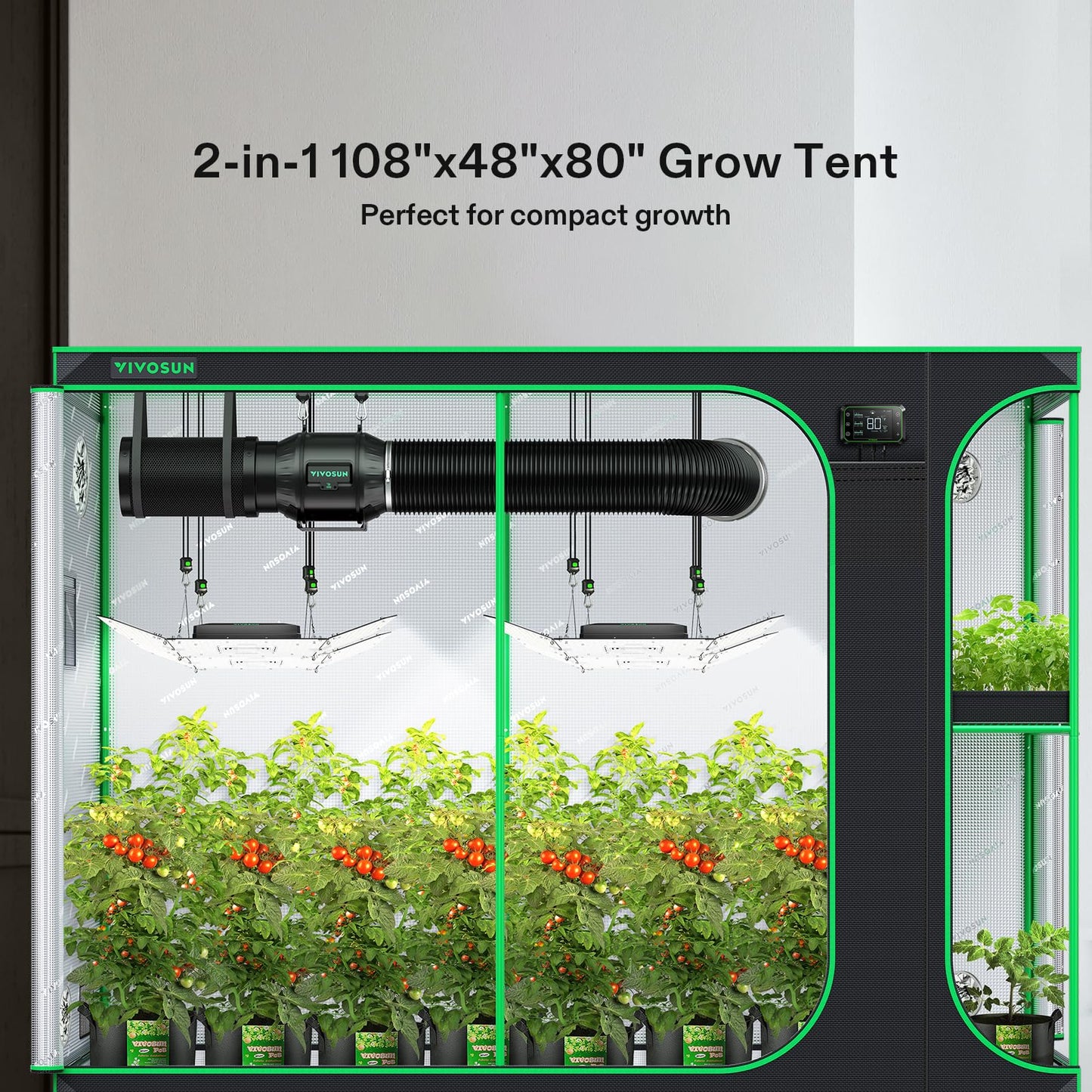 VIVOSUN D948 2-in-1 9x4 Grow Tent, 108"x48"x80" High Reflective Mylar with Multi-Chamber and Floor Tray for Hydroponic Indoor Plant