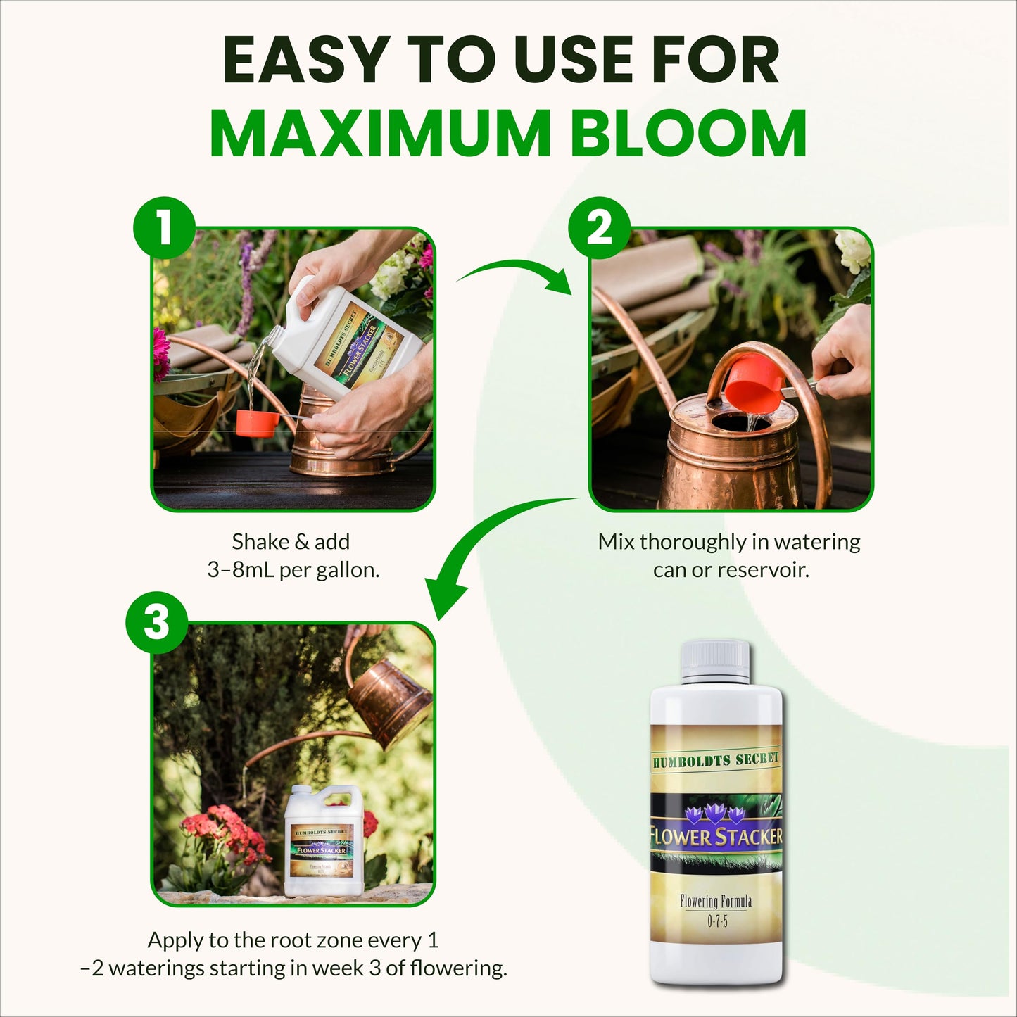 Humboldts Secret Flower Stacker | 0-7-5 Bloom Booster with Vitamin B1 | High Phosphorus Potassium Flowering Nutrients | Potting Soil Hydroponics Coco | Indoor & Outdoor Plants | 32 Ounce