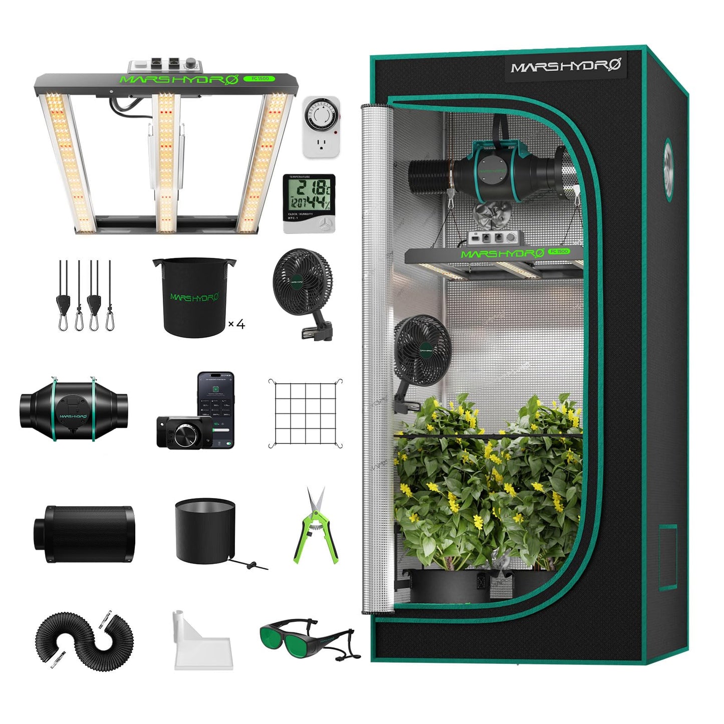 MARS HYDRO 2x2 Grow Tent Kit Complete System with 10 Speed Fan,100W TS600 LED Full Spectrum Grow Light,24"x24"x55" 1680D High Reflective Mylar Grow Tent,4 inch Smart WiFi Control Ventilation System