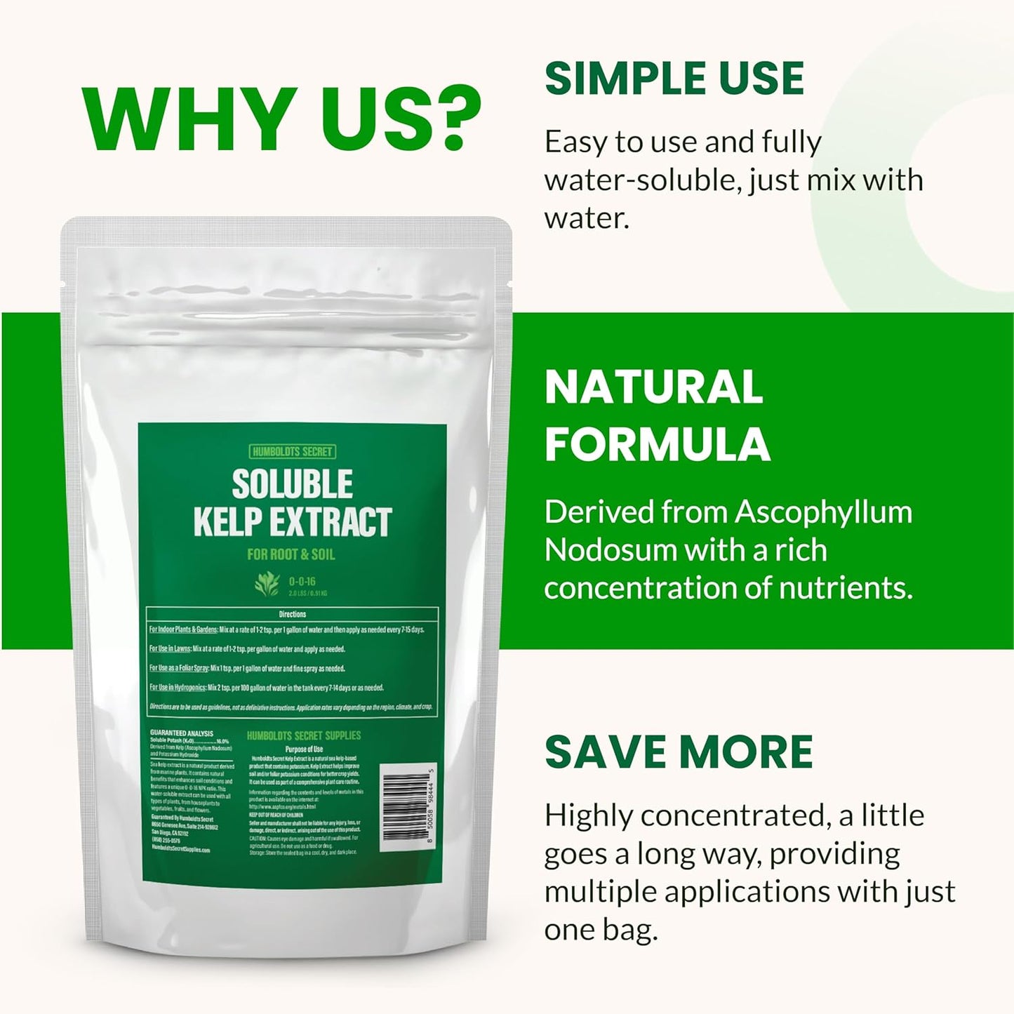 Humboldts Secret Soluble Kelp Extract Powder | 0-0-16 Water Seaweed Fertilizer | Concentrated Nutrients & Minerals for Lawn, Garden, Vegetables, Houseplants, Succulents & Hydroponics | 2 lb Bag