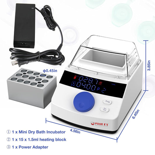 FOUR E'S SCIENTIFIC Mini Digital Dry Bath Incubator with Clear Lid, 15 x 1.5ml Heating Block with Timing Control, Up to 212℉/100℃, ± 0.5°C Accuracy