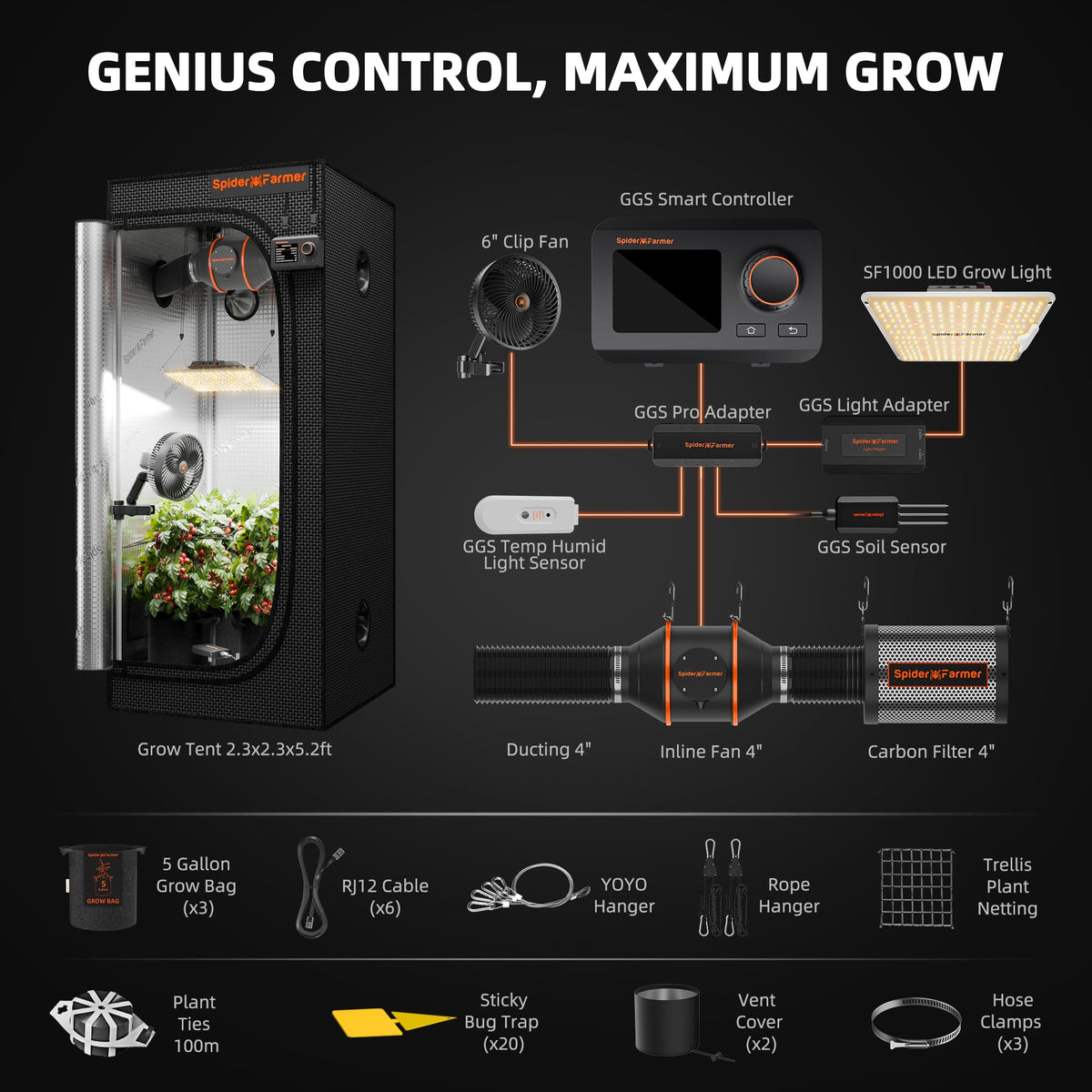 Spider Farmer 3x3x6ft G3000 Complete Grow Tent Kit with GGS AC5 Power Strip