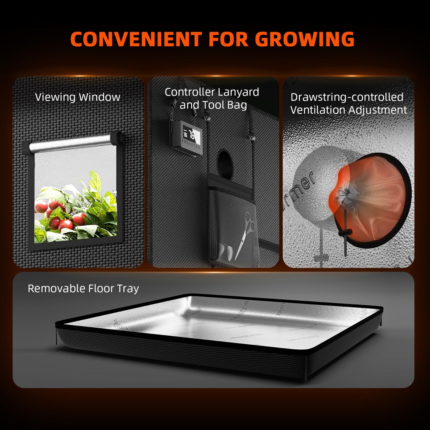 Spider Farmer 3x3x6 Pro-Grade Grow Tent, 36"x36"x70", with Observation Window and Floor Tray, 1680D Thicken Mylar Canvas Hydroponic Grow Tent, 3x3 for Indoor Growing for SF4000/SE3000