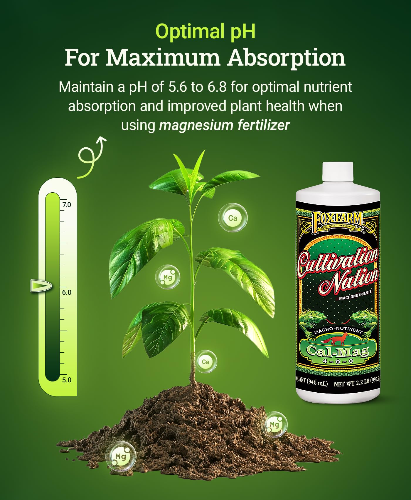 Fox Farm Cultivation Nation Cal-Mag Supplement - Formula with 3% Calcium & 1% Magnesium for Flowering & Fruiting, Ideal for Hydroponics, Soil, & All Growing Environment, NPK 4-0-0 (1 Quart)