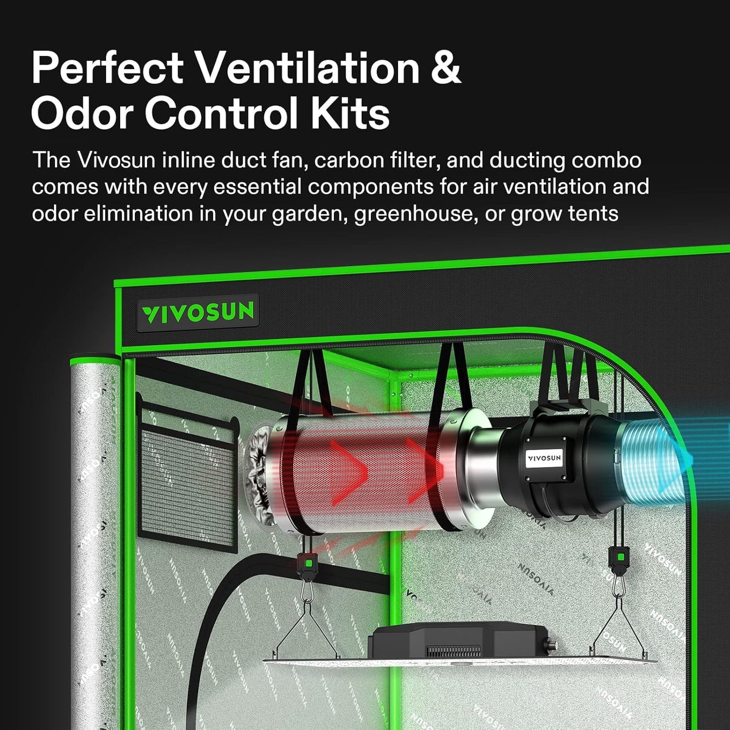 VIVOSUN 4 Inch 190 CFM Inline Fan with Speed Controller, 4 Inch Carbon Filter and 8 Feet of Ducting, Temperature Humidity Monitor for Grow Tent Ventilation