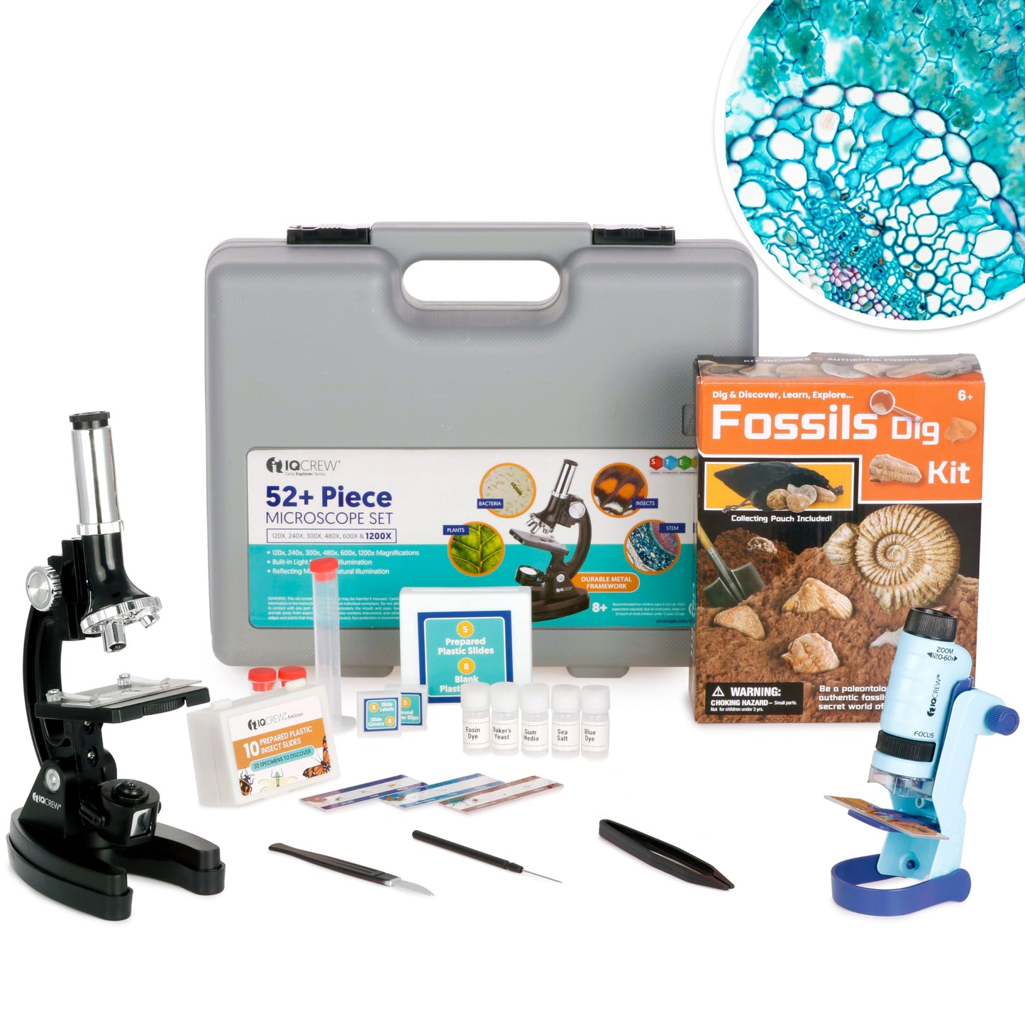 AmScope 120X-1200X 52-pcs Beginner Microscope STEM Kit with Metal Body Microscope, Plastic Slides, LED Light and Carrying Box (M30-ABS-KT2-W),White