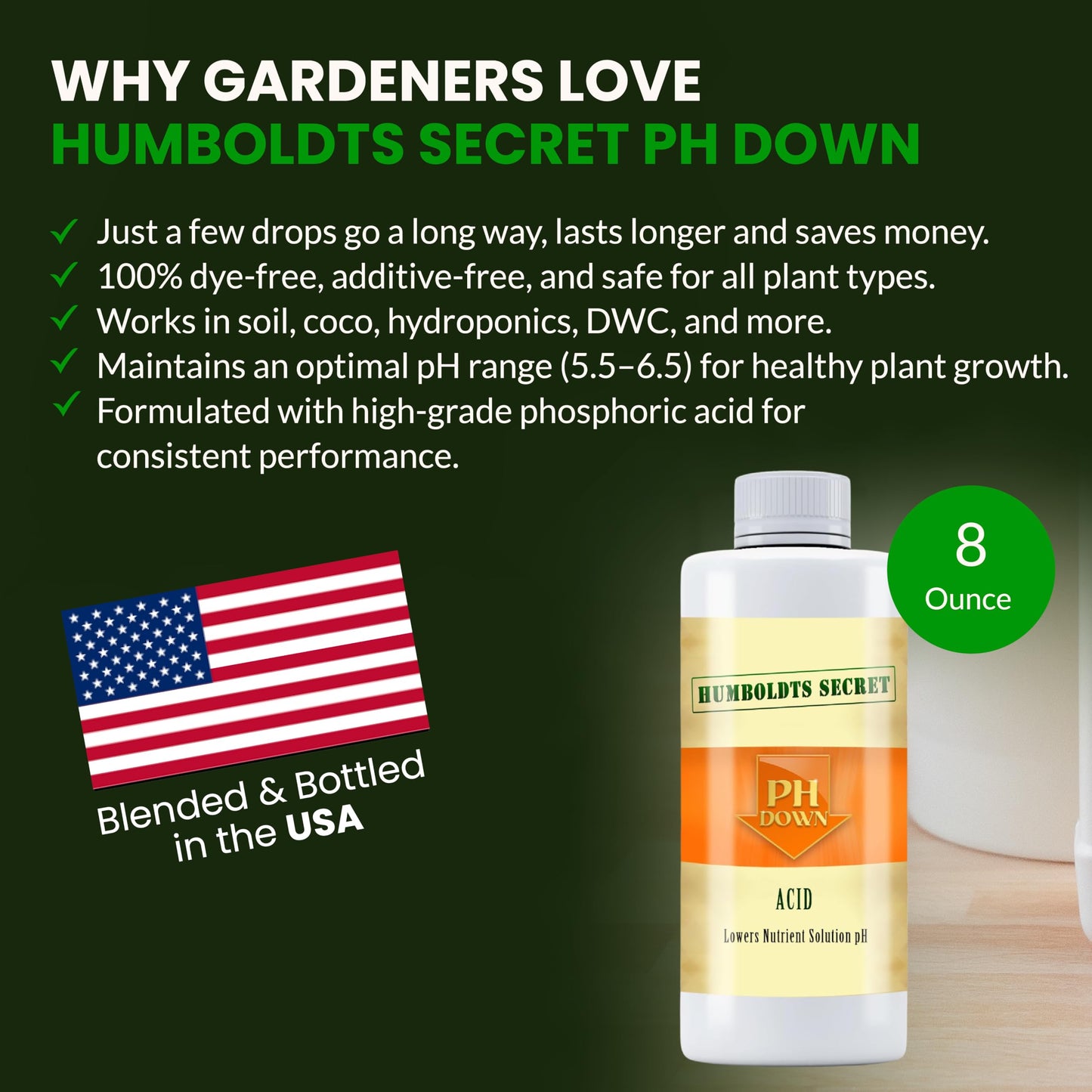 Humboldts Secret pH Down for Plants | Liquid pH Adjuster and Balancer for Soil Coco Hydroponics | Concentrated Phosphoric Acid Solution Supporting Nutrient Uptake and Strong Growth | 32 Ounce
