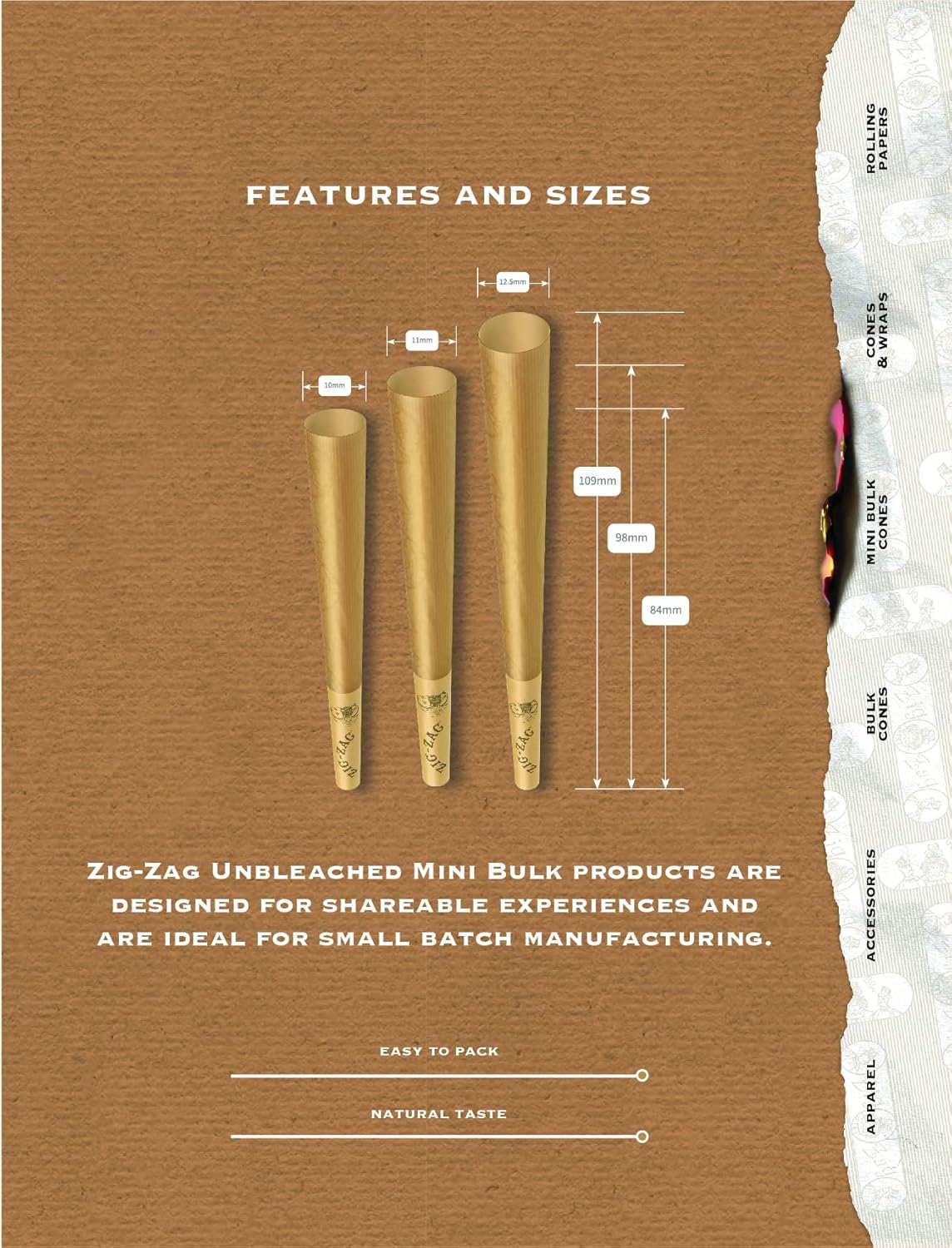 ZIG-ZAG 1 ¼ Pre Rolled Natural Unbleached Cones with Tips - Prerolled Rolling Paper Cone 50 Pack, King Size Unbleached Cones - 50 Pack, Small Vintage Rolling Tray