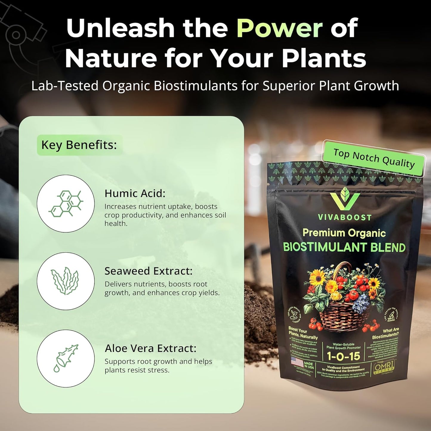 Organic Fertilizer - VivaBoost Premium Organic Biostimulant Blend, Nutrients, Plant Food, Made in USA and OMRI Listed, 1lb