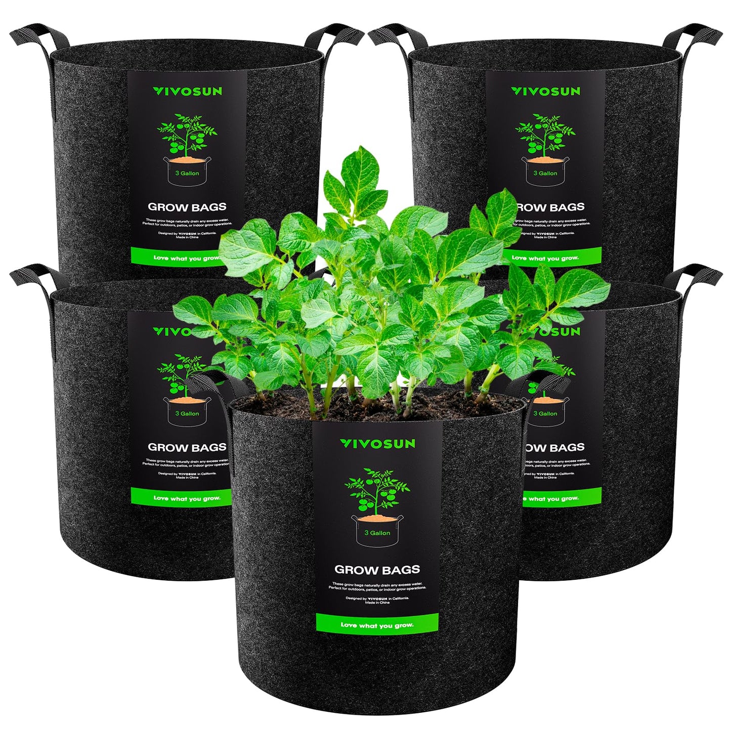 VIVOSUN 5-Pack 3 Gallon Plant Grow Bags Heavy Duty Thickened Nonwoven Fabric Pots with Handles