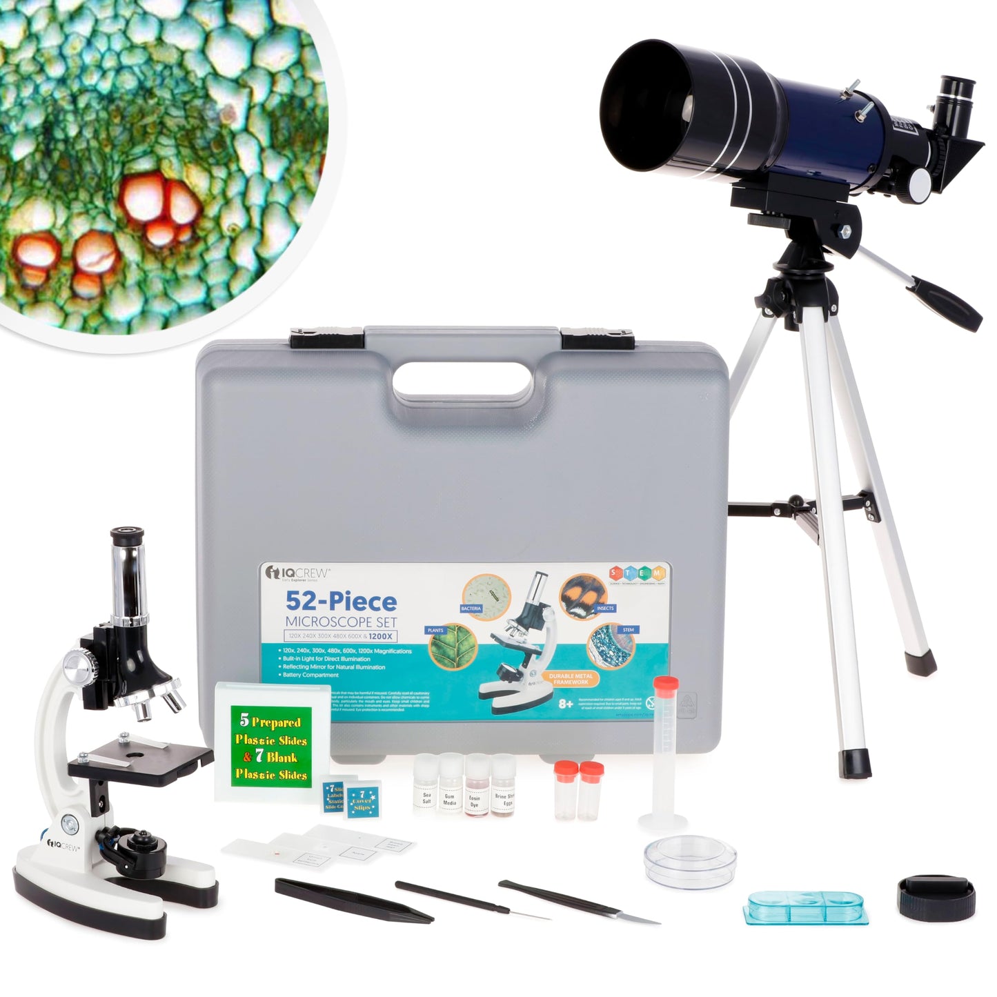 AmScope 120X-1200X 52-pcs Beginner Microscope STEM Kit with Metal Body Microscope, Plastic Slides, LED Light and Carrying Box (M30-ABS-KT2-W),White