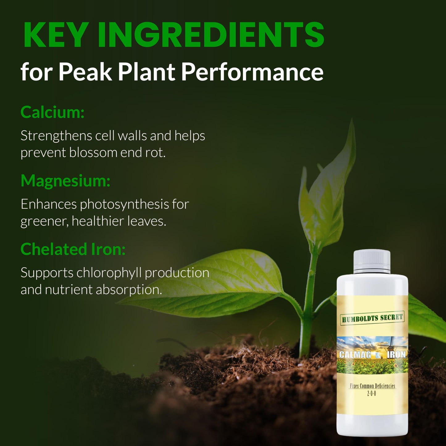 Humboldts Secret CalMag & Iron | Calcium, Magnesium & Chelated Iron Nutrient Fertilizer | Hydroponic Supplies for Vegetative & Flowering Growth in Soil, Coco, Hydroponics or RO Water | 32 Ounce