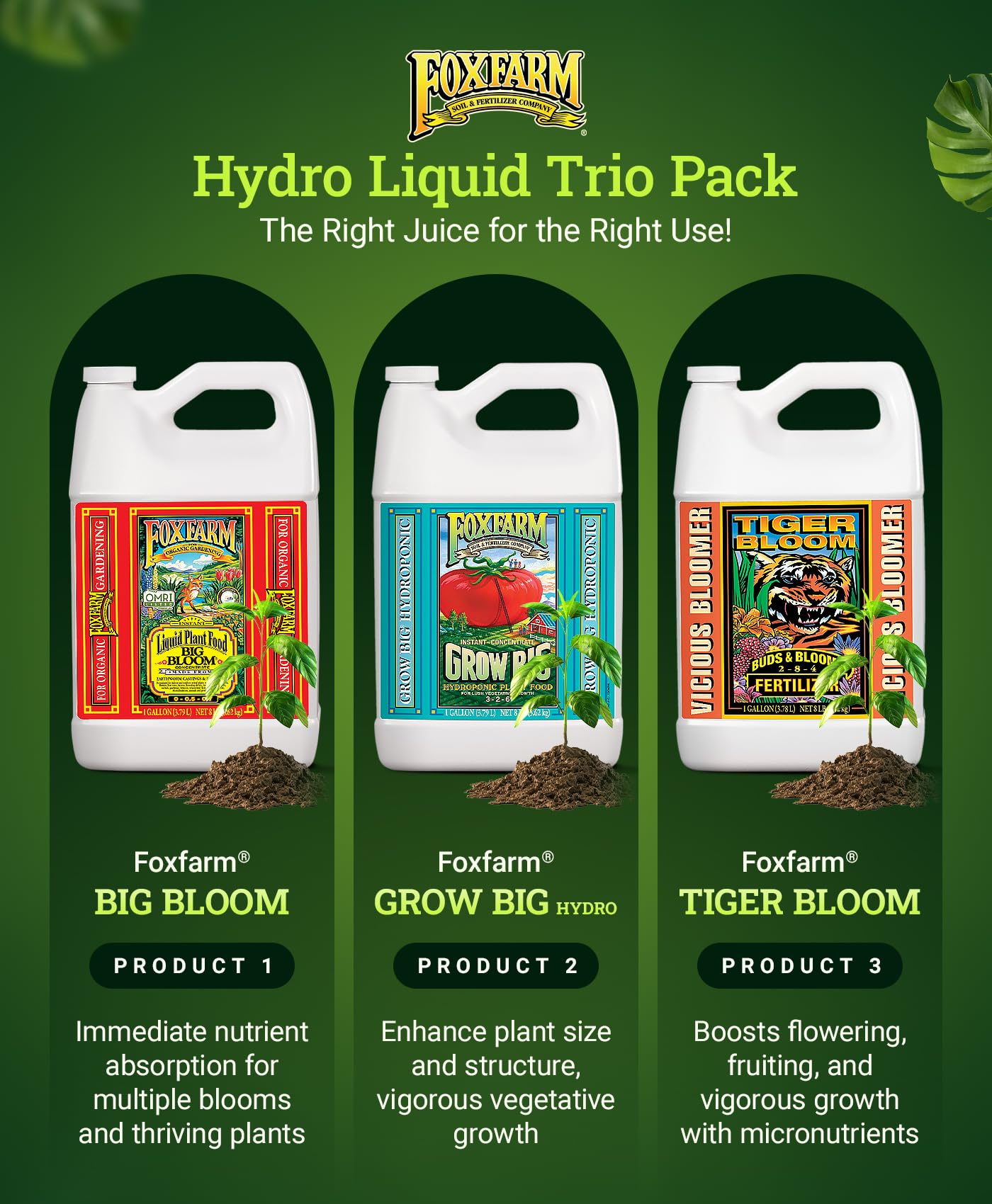 FoxFarm Liquid Nutrient Trio Hydro Formula: Big Bloom, Grow Big Hydro & Tiger Bloom - for Hydroponic Gardening, Green Growth, Buds & Late-Season Flowers, (3-32 oz Bottles)