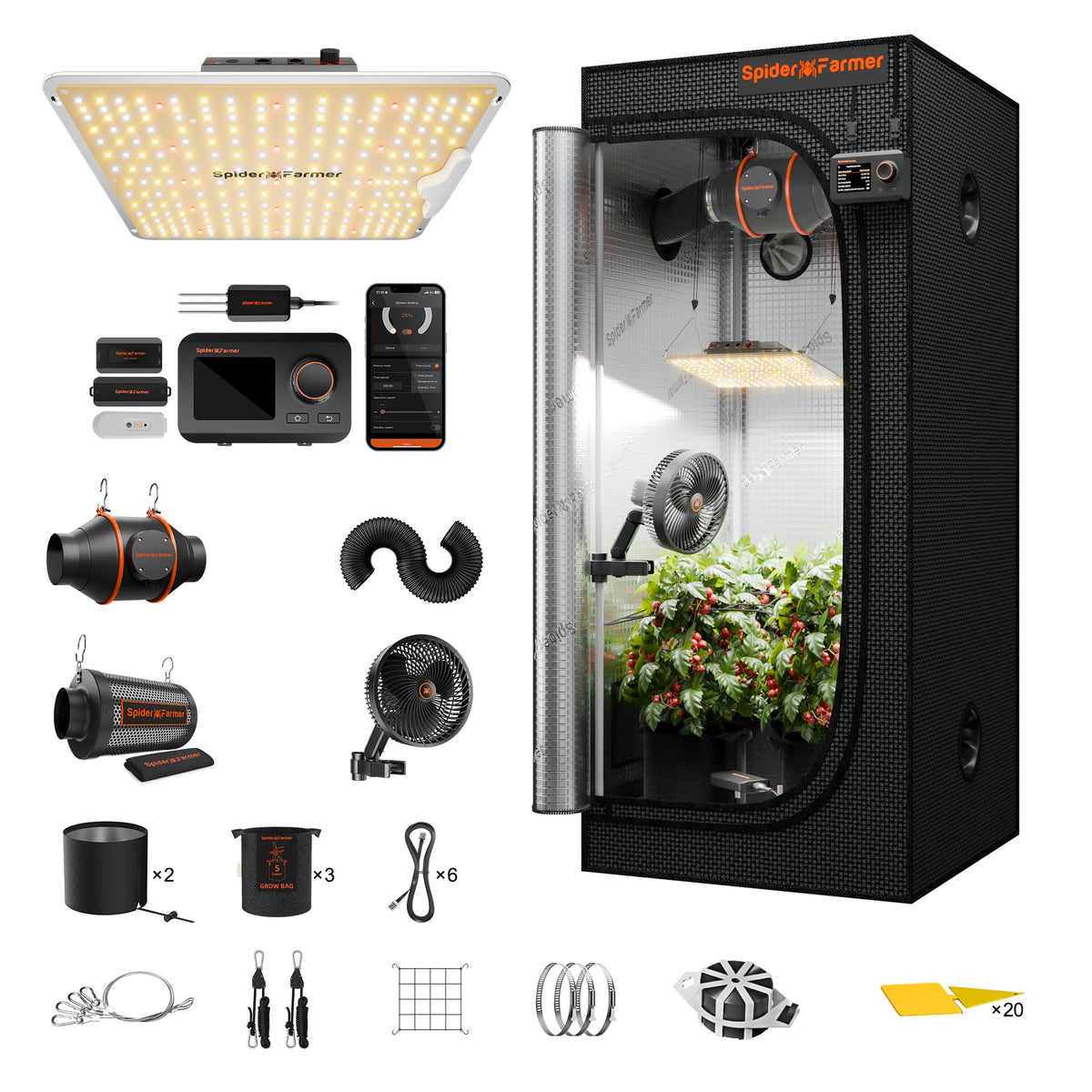 Spider Farmer 3x3x6ft G3000 Complete Grow Tent Kit with GGS AC5 Power Strip