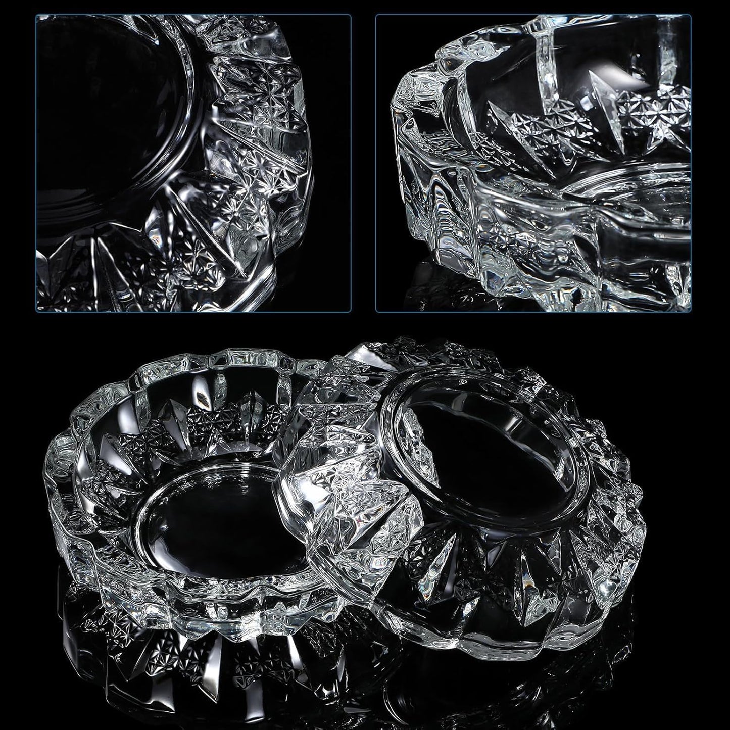 3 Pack Round Crystal Heavy Duty Glass Smoking Ashtray for Indoor and Outdoor Home Office Tabletop Decoration 4.8" Diameter, Set of 3