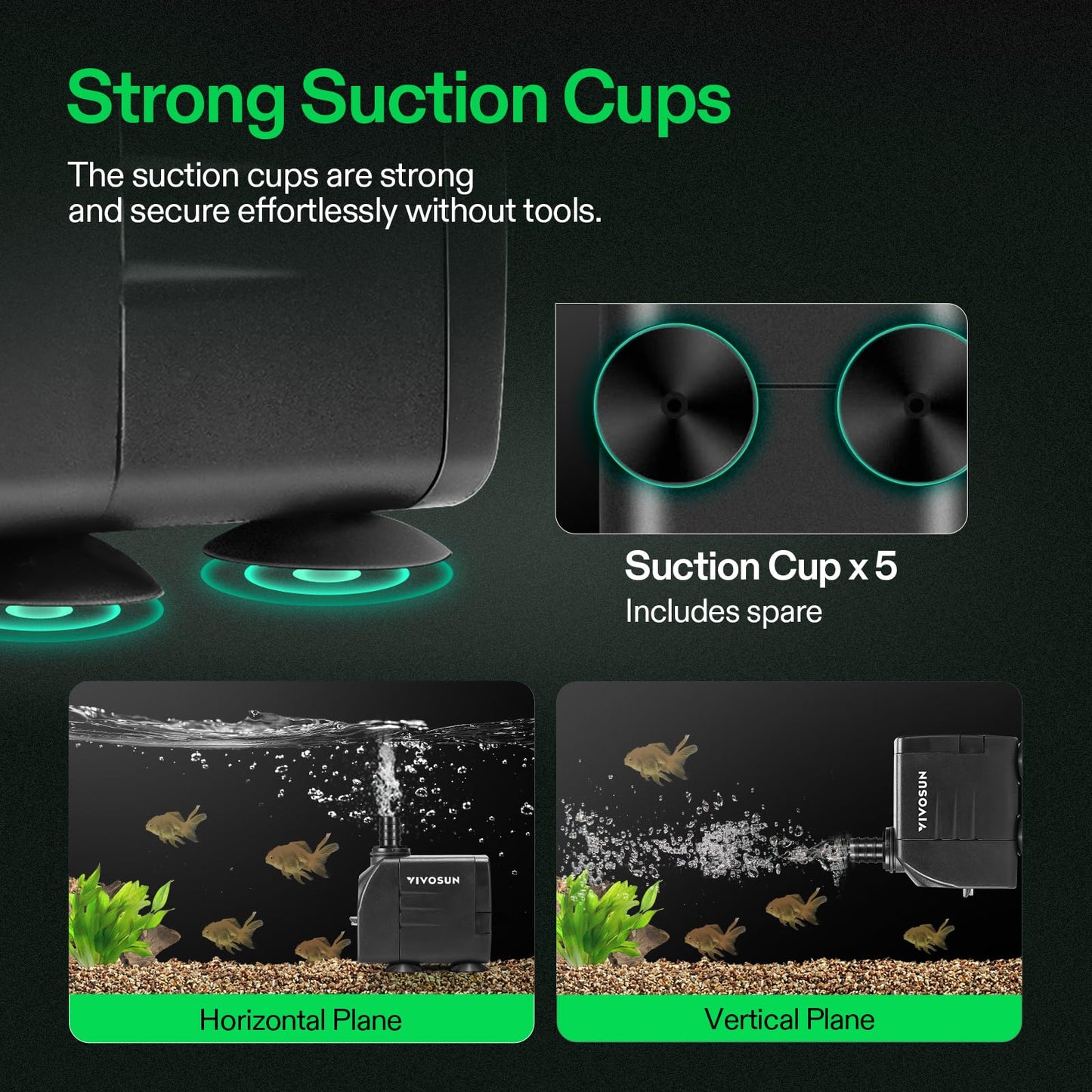 VIVOSUN 480GPH Submersible Pump(1800L/H, 25W), Ultra Quiet Water Pump with 7.2ft High Lift, Fountain Pump with 5ft Power Cord, 3 Nozzles for Fish Tank, Aquarium, Statuary, Hydroponics Black