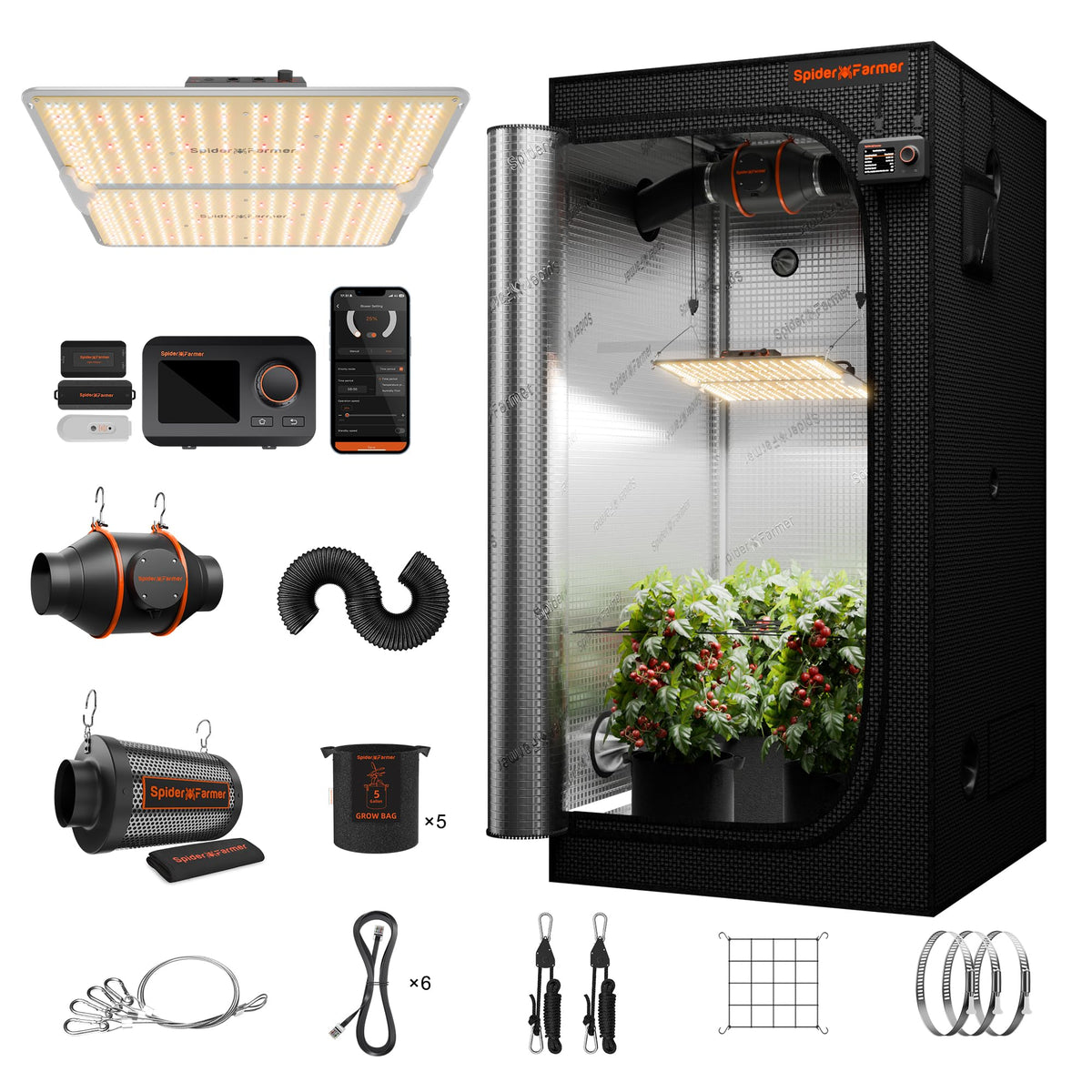Spider Farmer 3x3x6ft G3000 Complete Grow Tent Kit with GGS AC5 Power Strip