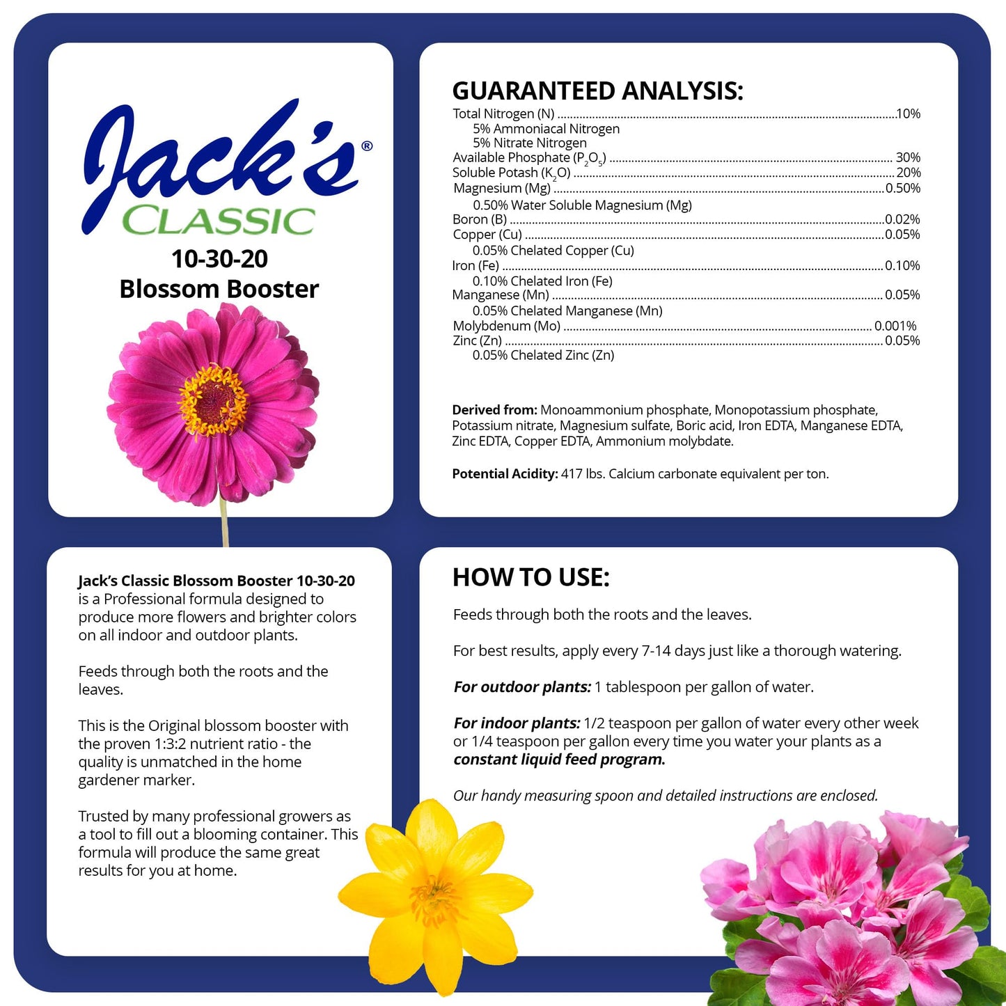 Jack's Classic 10-30-20 Blossom Booster Water-Soluble Fertilizer with Micronutrients for Increasing Color and Quantity of Blooms in Flowering Plants, 8oz