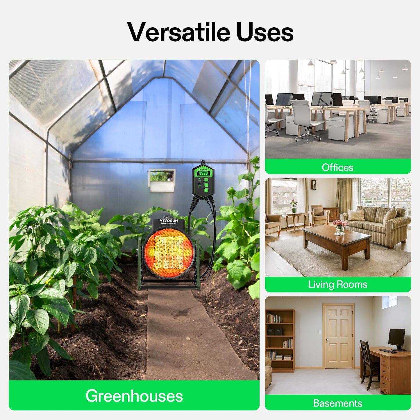 VIVOSUN Portable Greenhouse Heater with Adjustable Thermostat, 750W/1500W Electric Heater, 3 Modes for Fast Heating, Overheat Protection, Dustproof Design for Grow Tents, Patios & Outdoors