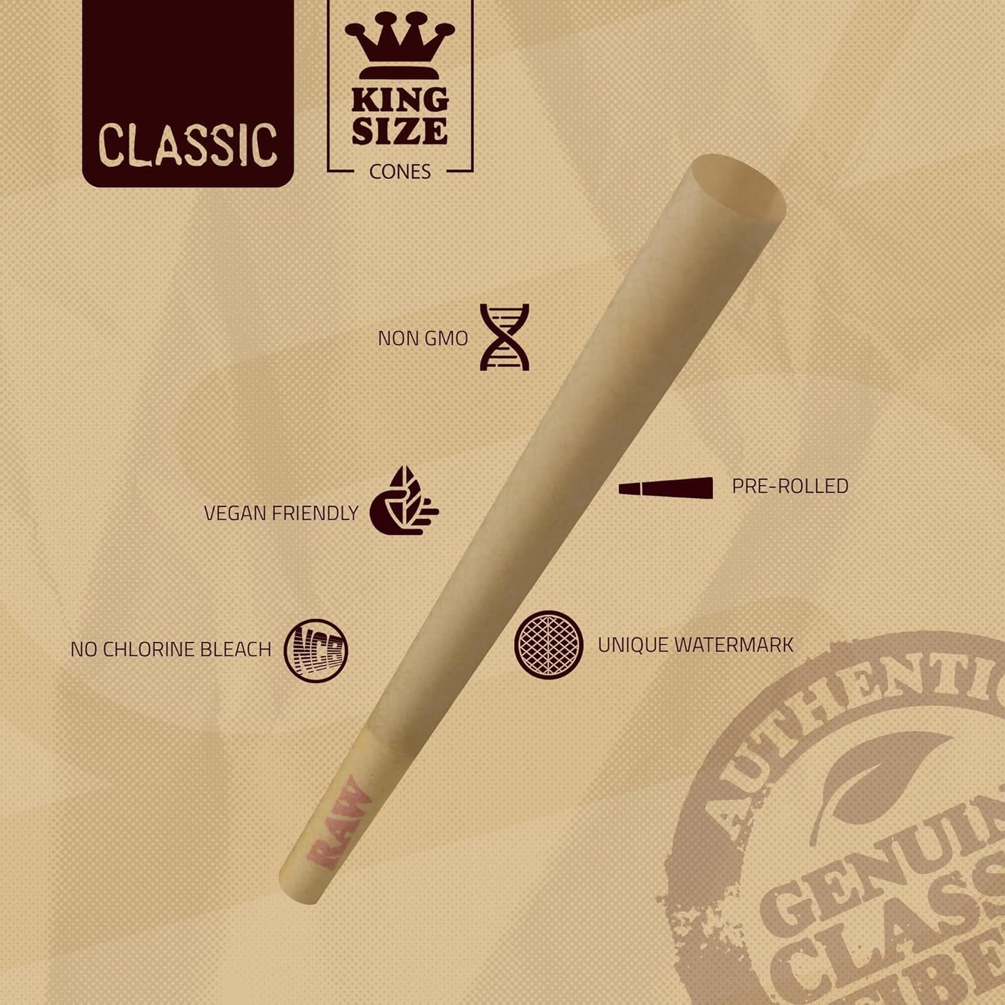 RAW Cones Classic King Size - 100 Pack - Slow Burning Pre Rolled Paper with Tips and Packing Tubes Included