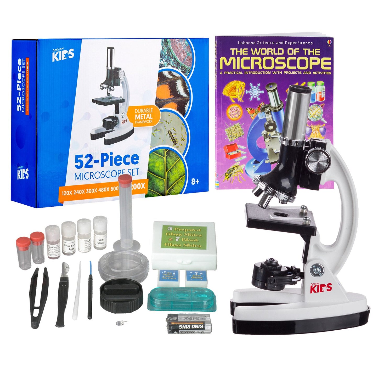 AmScope 120X-1200X 52-pcs Beginner Microscope STEM Kit with Metal Body Microscope, Plastic Slides, LED Light and Carrying Box (M30-ABS-KT2-W),White