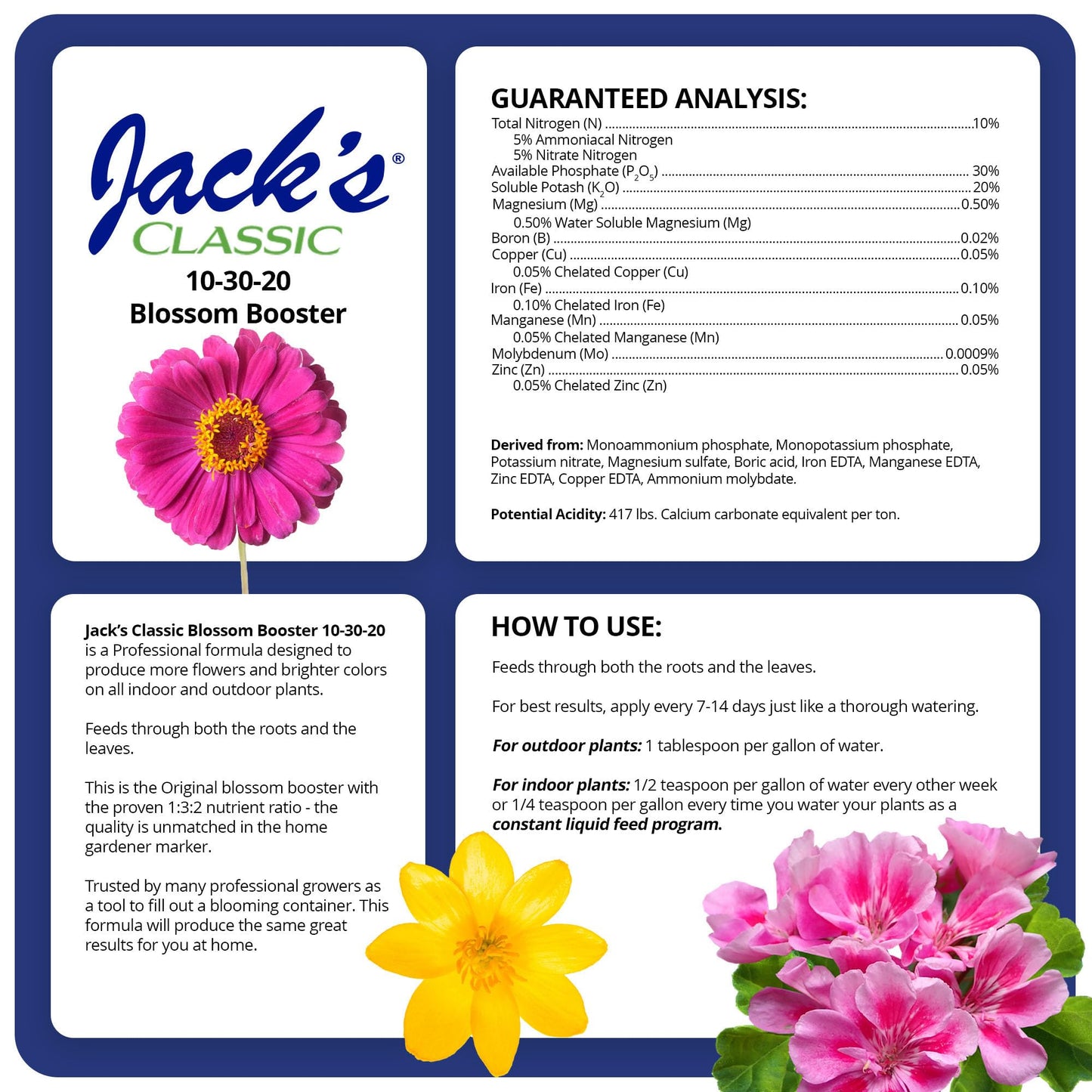 Jack's Classic 10-30-20 Blossom Booster Water-Soluble Fertilizer with Micronutrients for Increasing Color and Quantity of Blooms in Flowering Plants, 8oz