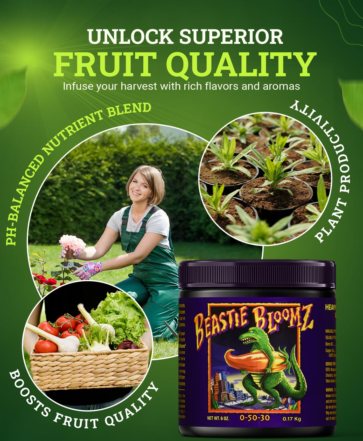 FoxFarm Beastie Bloomz Soluble Fertilizer - High-Phosphorus Fertilizer for Mid to Late Flowering, pH Balanced - Supports Blossom Development, NPK 0-5-3 (6 oz)