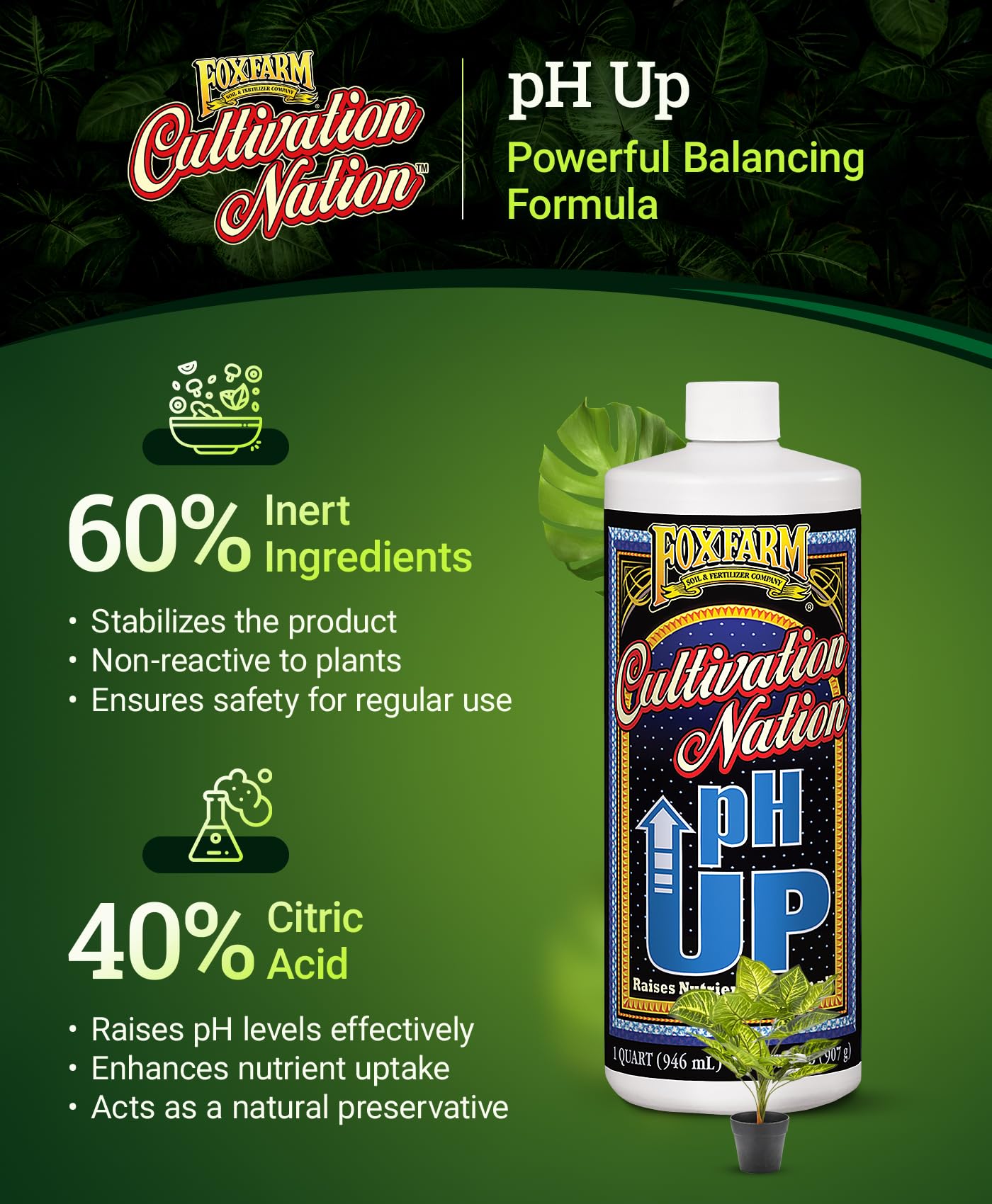 FoxFarm Cultivation Nation pH Up - Liquid Nutrient Solution Adjuster, Raises pH Levels for Hydroponic & Soil Gardens - Formulated with Potassium Hydroxide for Optimal Growth (Pint)