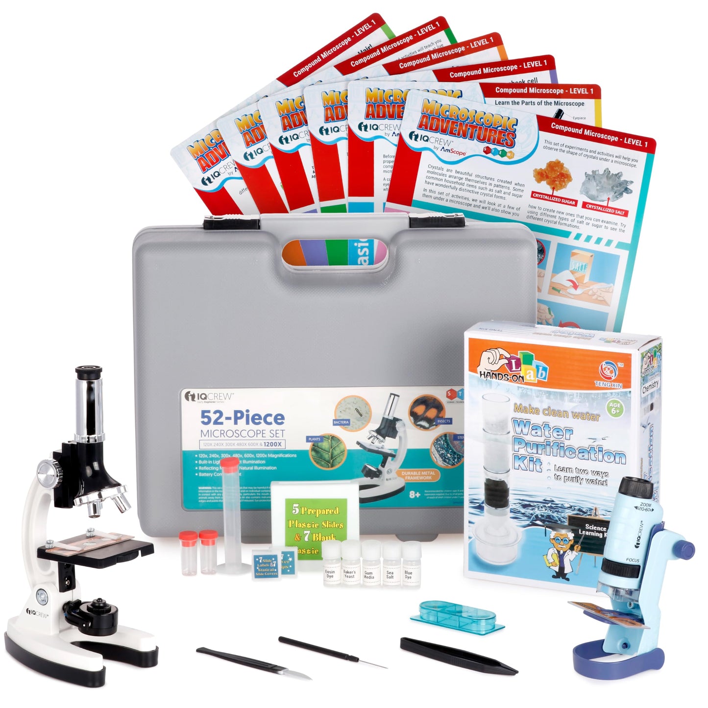 AmScope 120X-1200X 52-pcs Beginner Microscope STEM Kit with Metal Body Microscope, Plastic Slides, LED Light and Carrying Box (M30-ABS-KT2-W),White