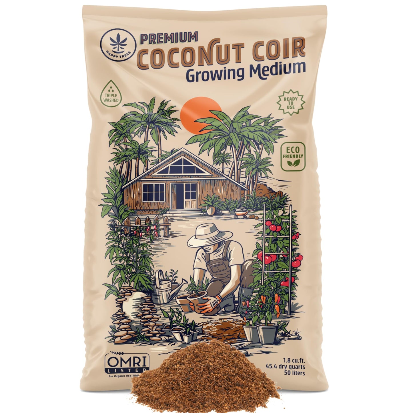 Happy Trees Coco Coir Loose Coconut Fiber Growing Medium, Potting Mix, Seed-Starting, Premium Quality, Triple-Washed for Low Salt/EC, pH Balanced, Peat-Free, OMRI Organic, 50L (1.8 cu.ft.)