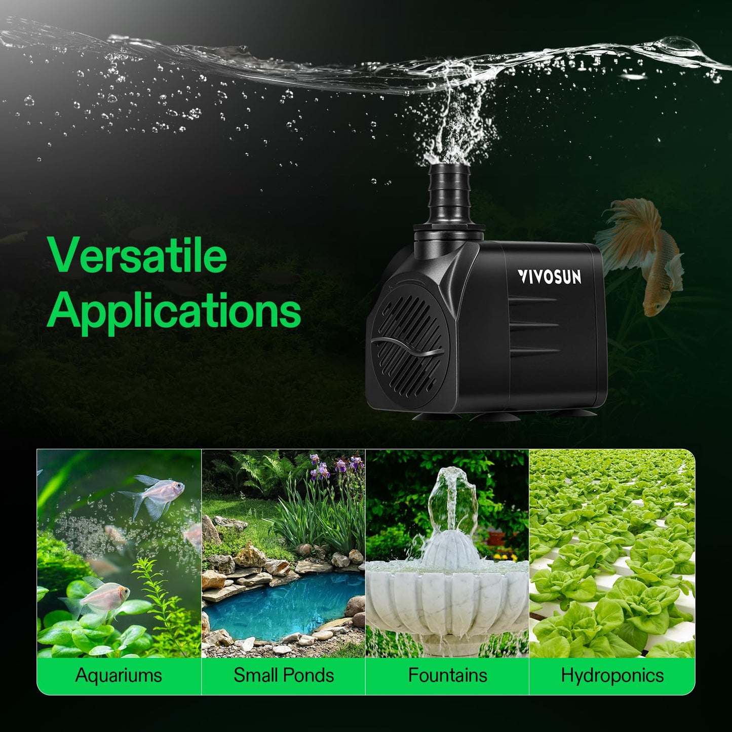 VIVOSUN 480GPH Submersible Pump(1800L/H, 25W), Ultra Quiet Water Pump with 7.2ft High Lift, Fountain Pump with 5ft Power Cord, 3 Nozzles for Fish Tank, Aquarium, Statuary, Hydroponics Black
