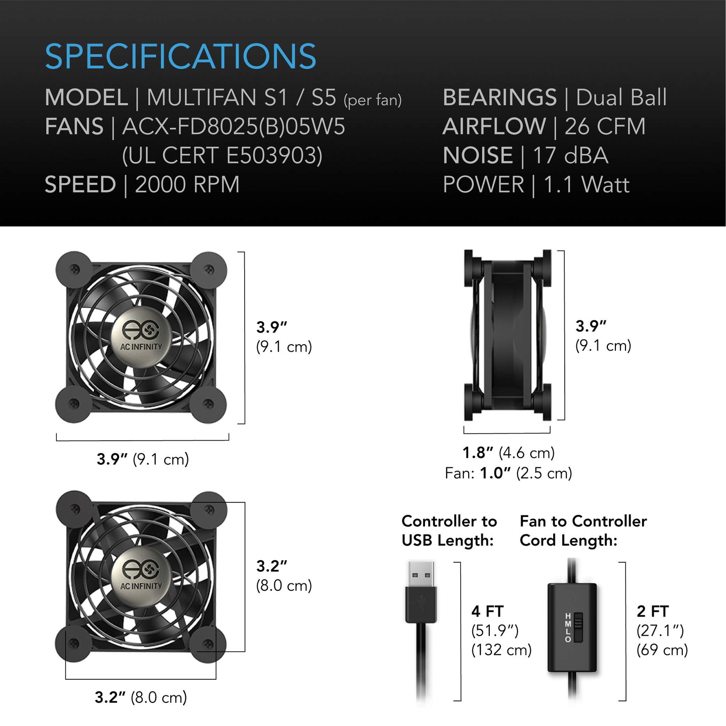 AC Infinity MULTIFAN S7, Quiet Dual 120mm USB Fan, UL-Certified for Receiver DVR PlayStation Xbox Computer Cabinet Cooling