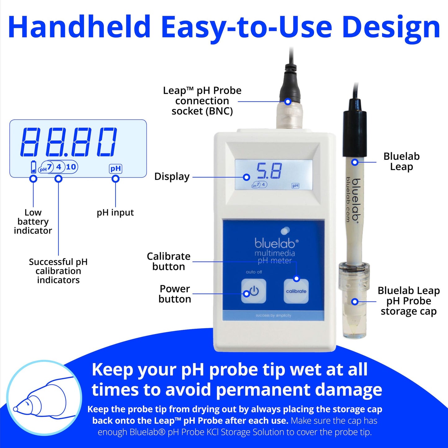 Bluelab Combo Meter for pH, Temperature & Conductivity in Water - Easy Calibration, Digital EC/TDS/PPM Tester for Hydroponics & Indoor Plants (METCOM)
