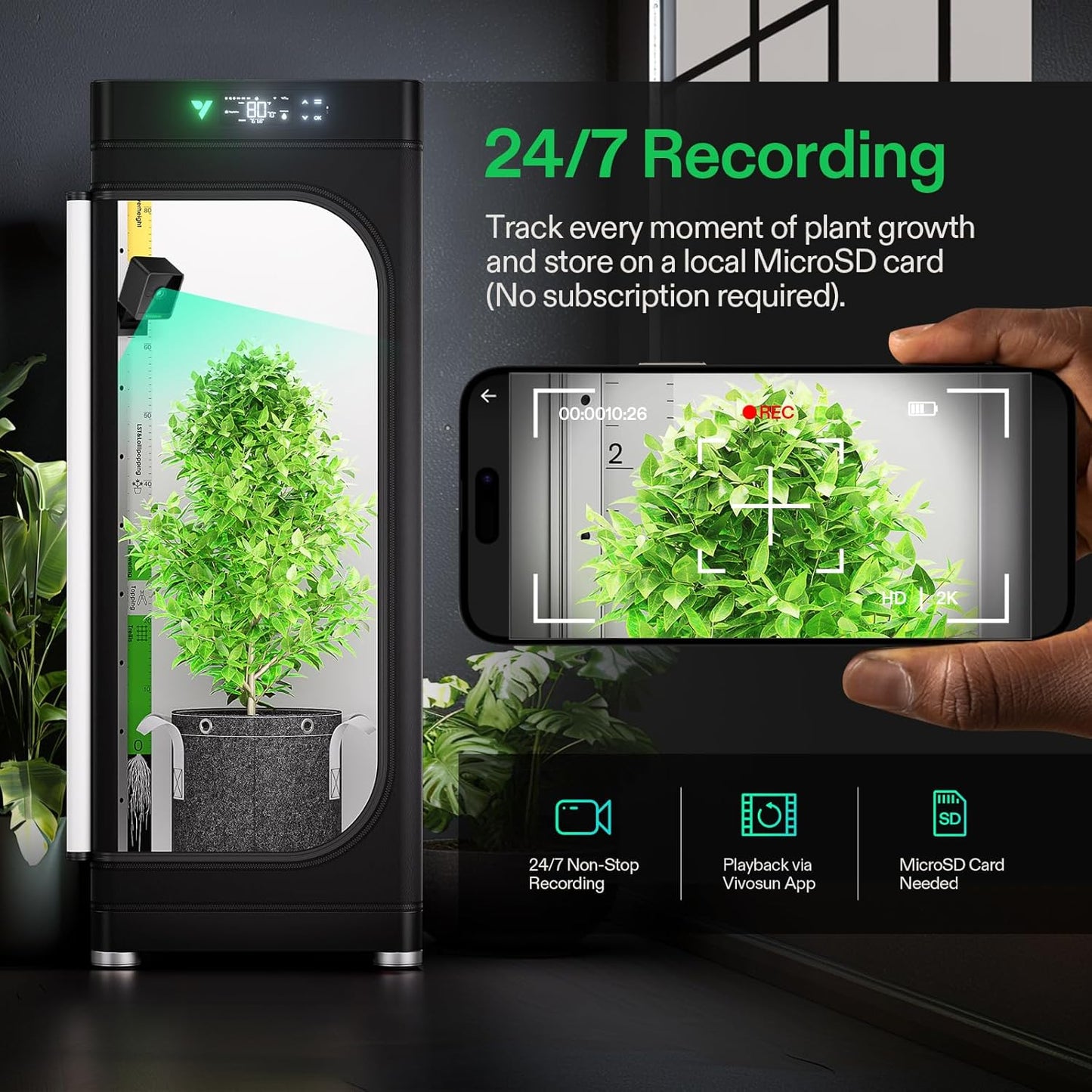 VIVOSUN GrowCam C4, 2K QHD WiFi Smart Camera for Grow Tent & VGrow Smart Grow Box, Timelapse, Night Vision, SD Card Storage, 2-Way Audio, App Control